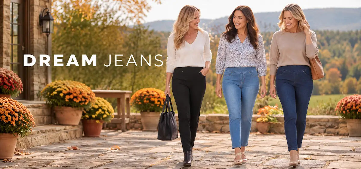 three women wearing pull-on jeans walking across patio with text dream jeans