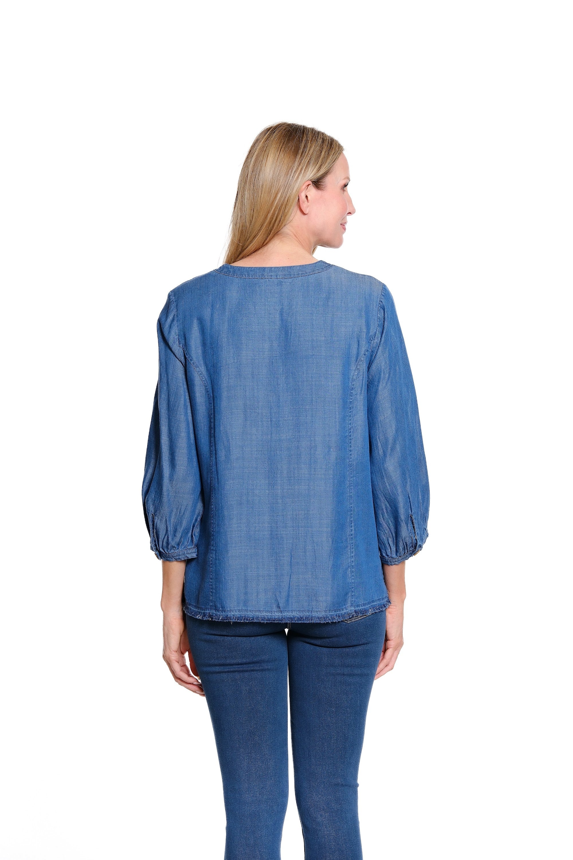 3/4 Sleeve Band Collar Button Front Denim Shirt with Embroidery and Fringe Hem - Multi - view 3