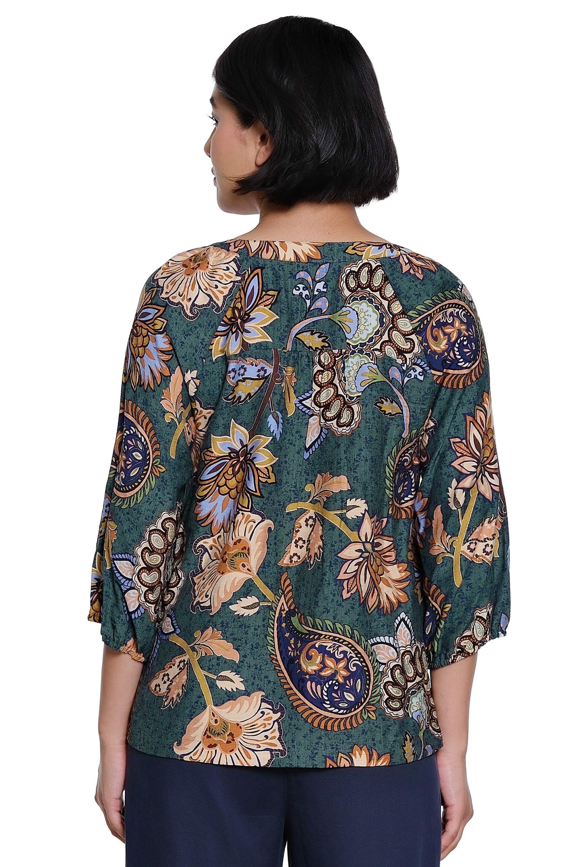 Printed Woven Popover with V-Neck and Raglan 3/4 Sleeves - Floral Multi - view 2