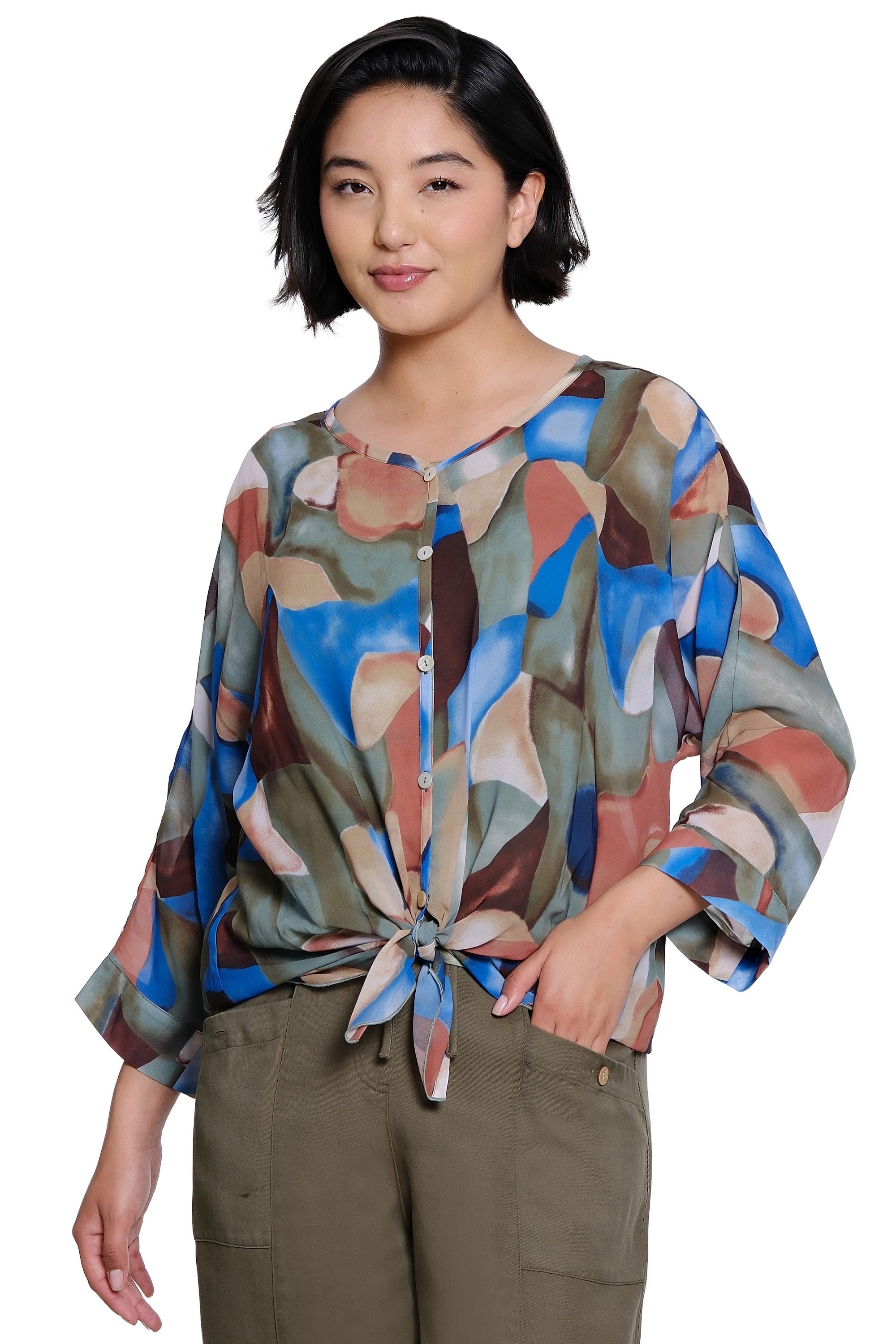 Printed Woven Button Front Top with Dolman Sleeves and Tie Front - Geo Multi