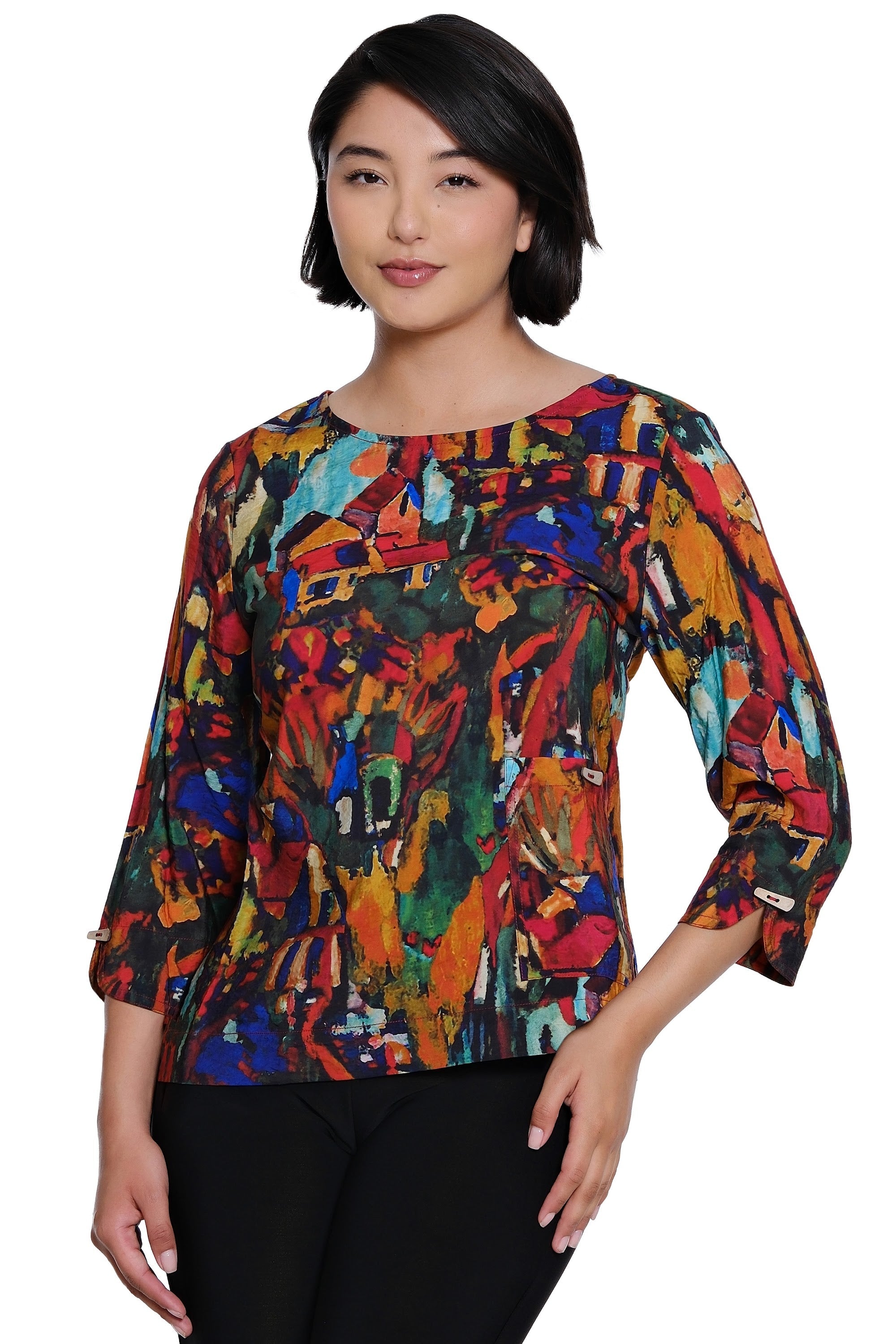 Printed Woven Popover with Rounded Neck and Front Pockets - Abstract Multi