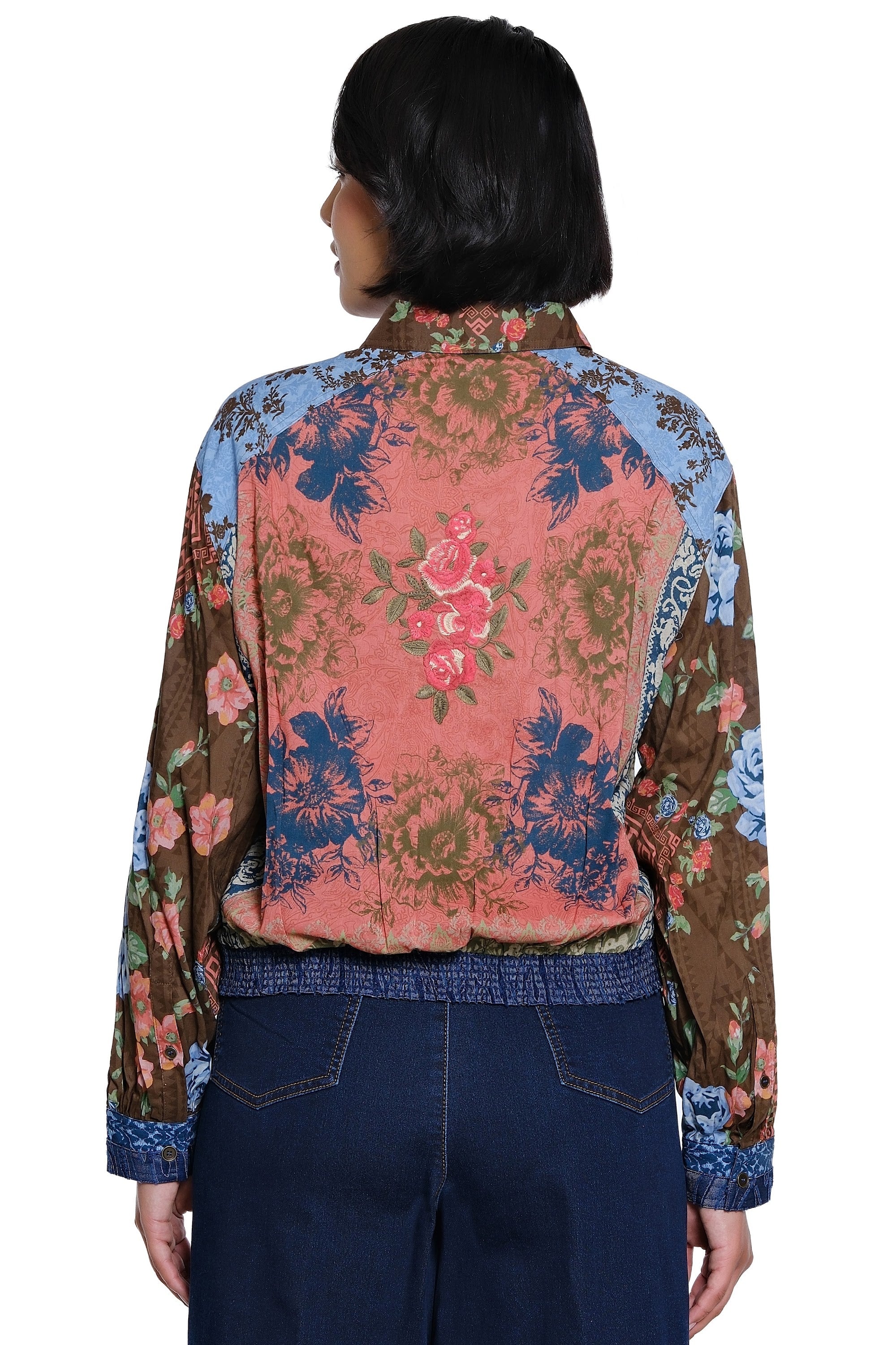Multi Print Cuffed Long Sleeve Button Down Blouse with Embroidery - Multi - view 2