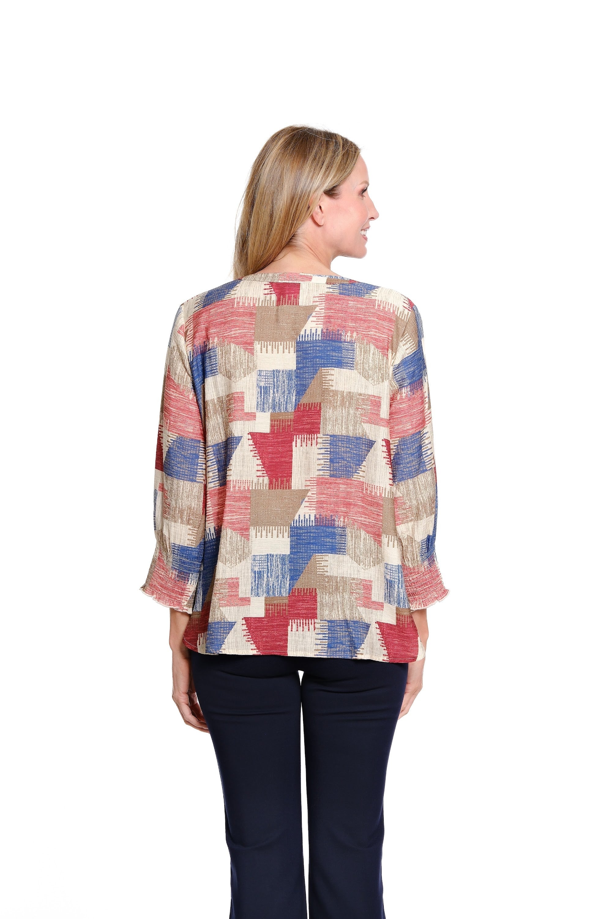 Multi-Needle Shirred Cuff 3/4 Sleeve Y-Neck Band Collar Hi-Lo Print Woven Top - Multi - view 3