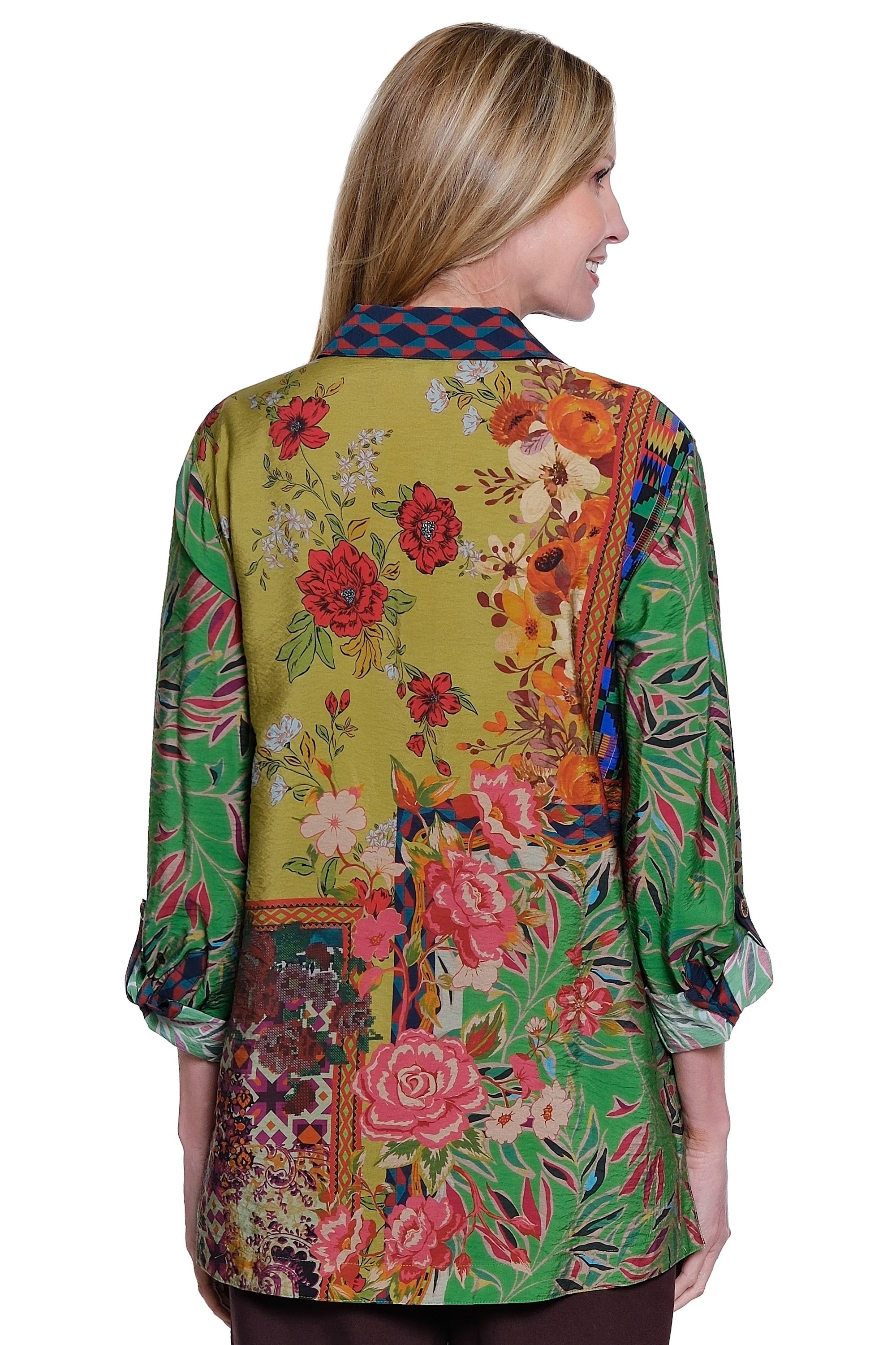 Print Long Sleeve Rolled Tab Sleeve Button Front Blouse with Pocket - Floral Multi - view 2