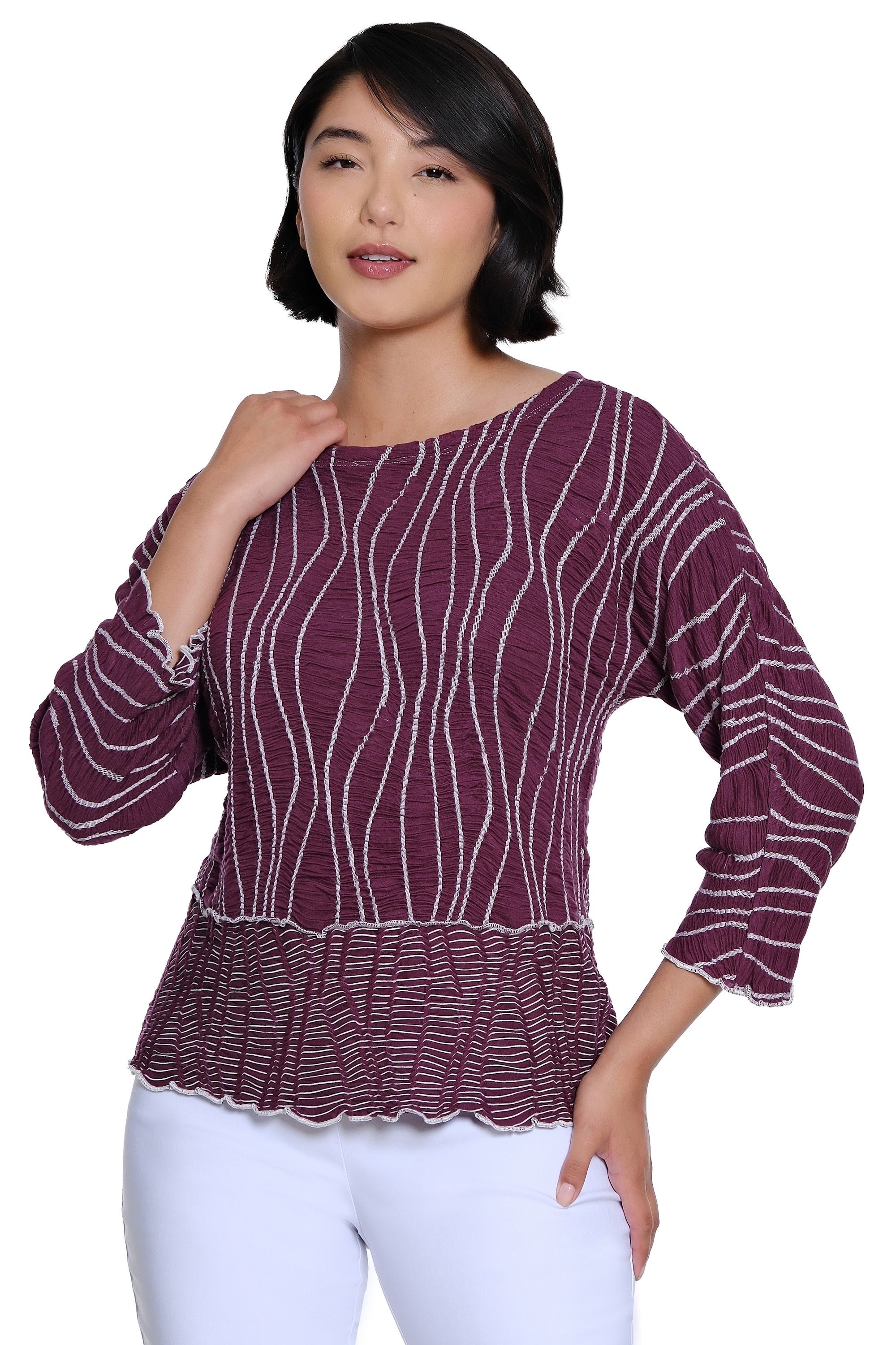 Y/D Textured Knit Popover Top with Rounded Neck and 3/4 Raglan Sleeves - Eggplant