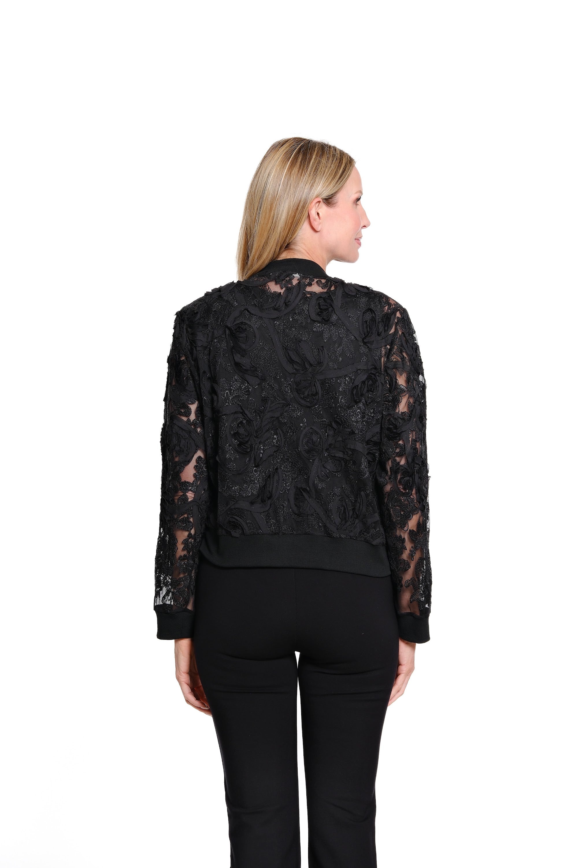 Cuffed Long Sleeve Band Collar Zip Front Solid Knit Netting Jacket with Embroidery - Black - view 4