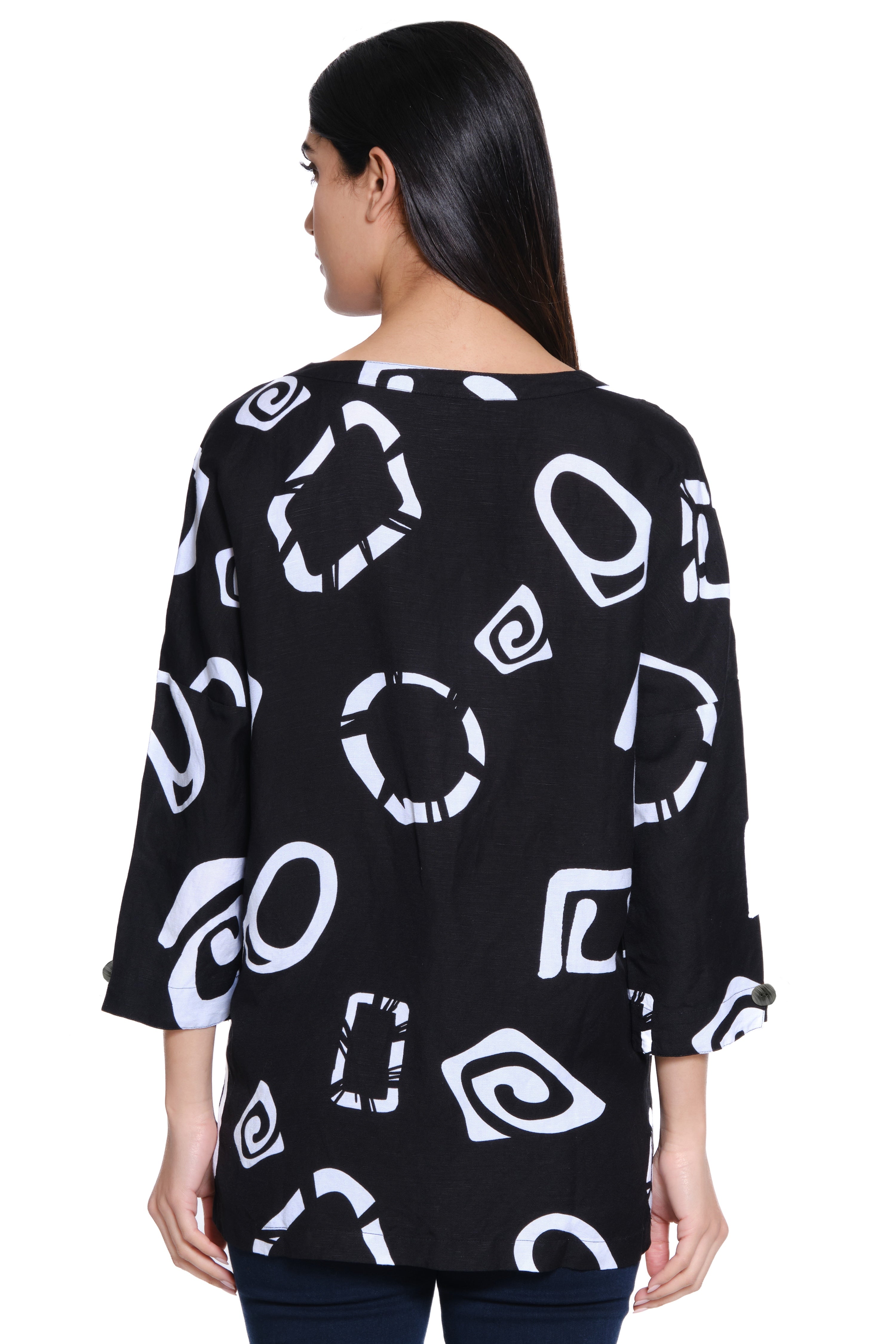 Woven Button Front Blouse - Black/White