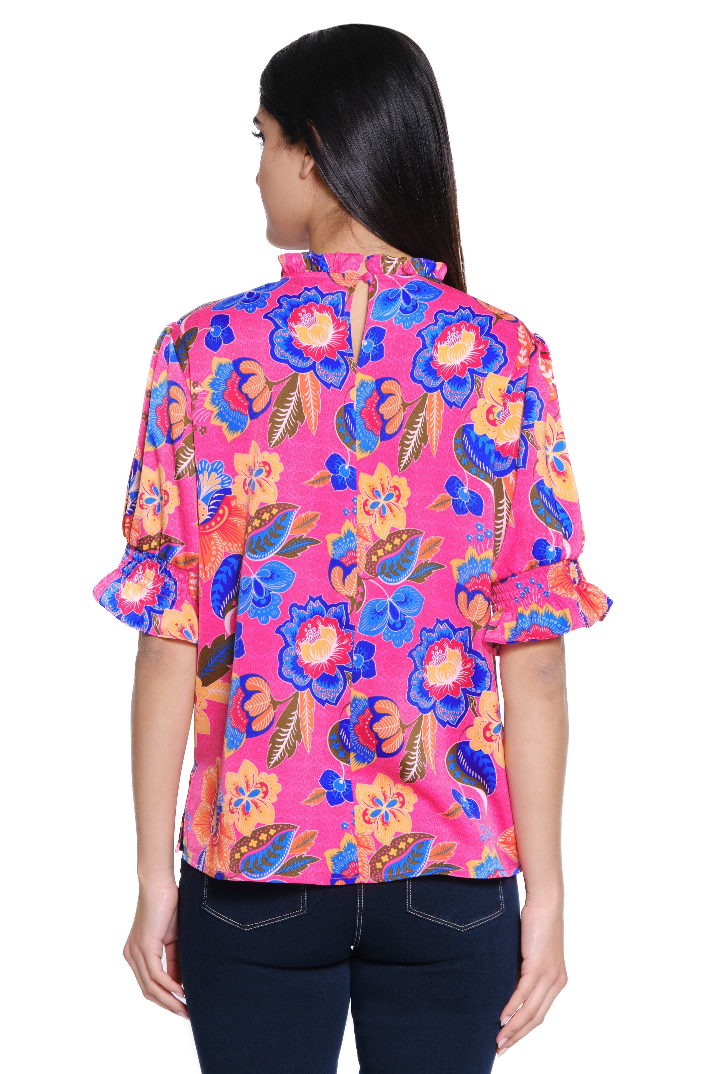 Woven Tunic Elbow Ruffle Sleeves - Cool Floral
