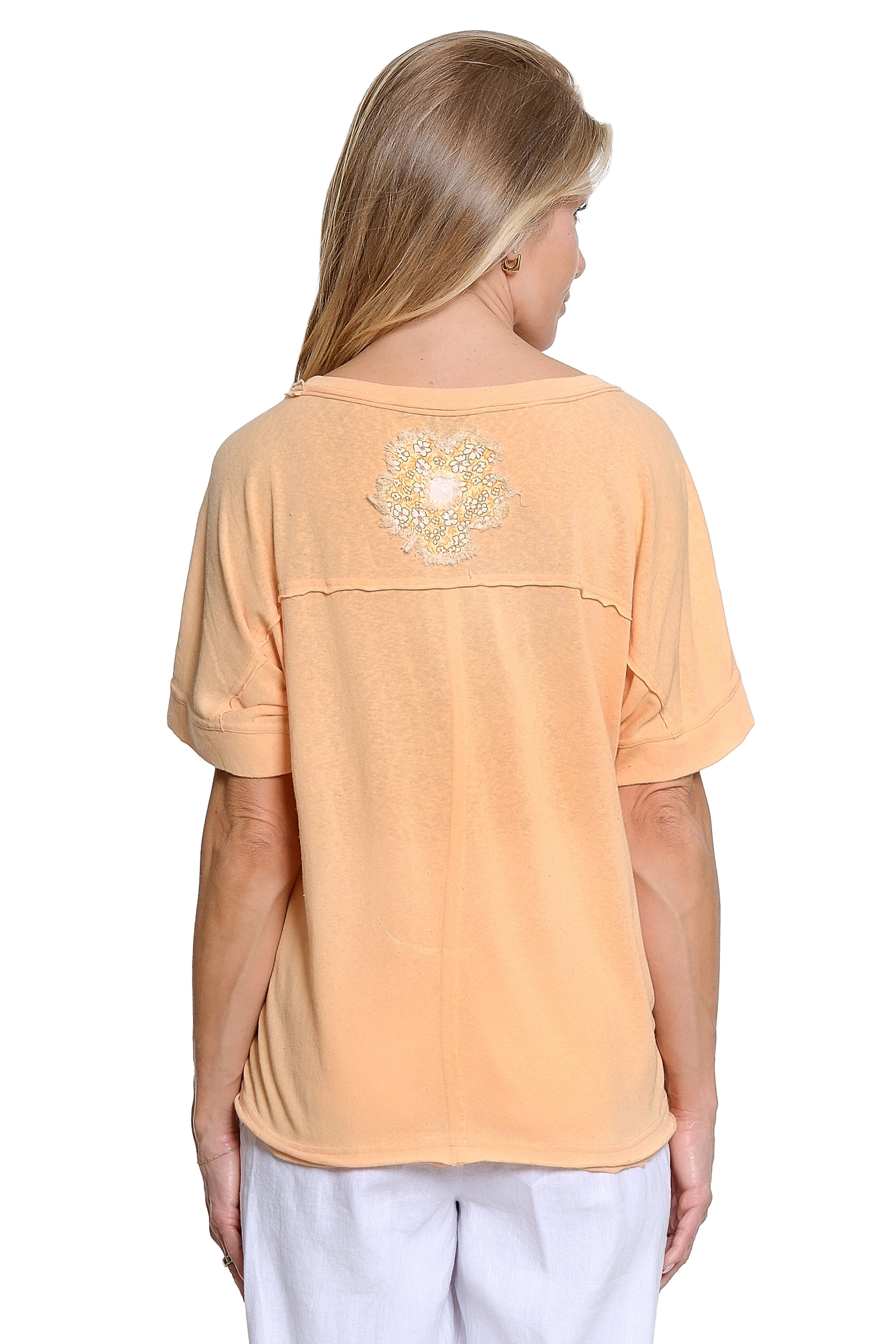 Knit Pop-Over with Floral Appliqué - Cantaloupe