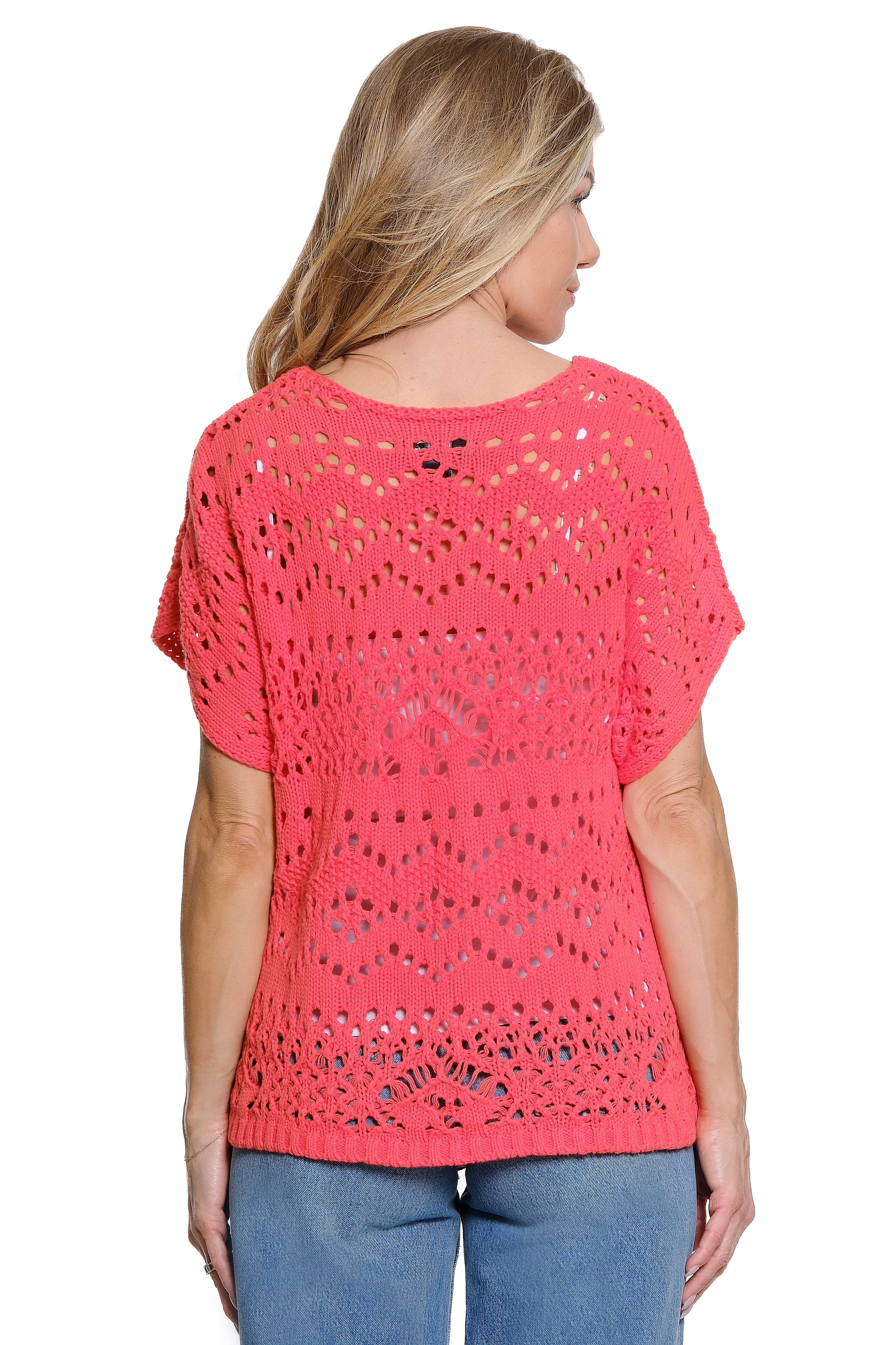 Crochet Knit Pop-Over Top with Dolman Sleeves - Coral