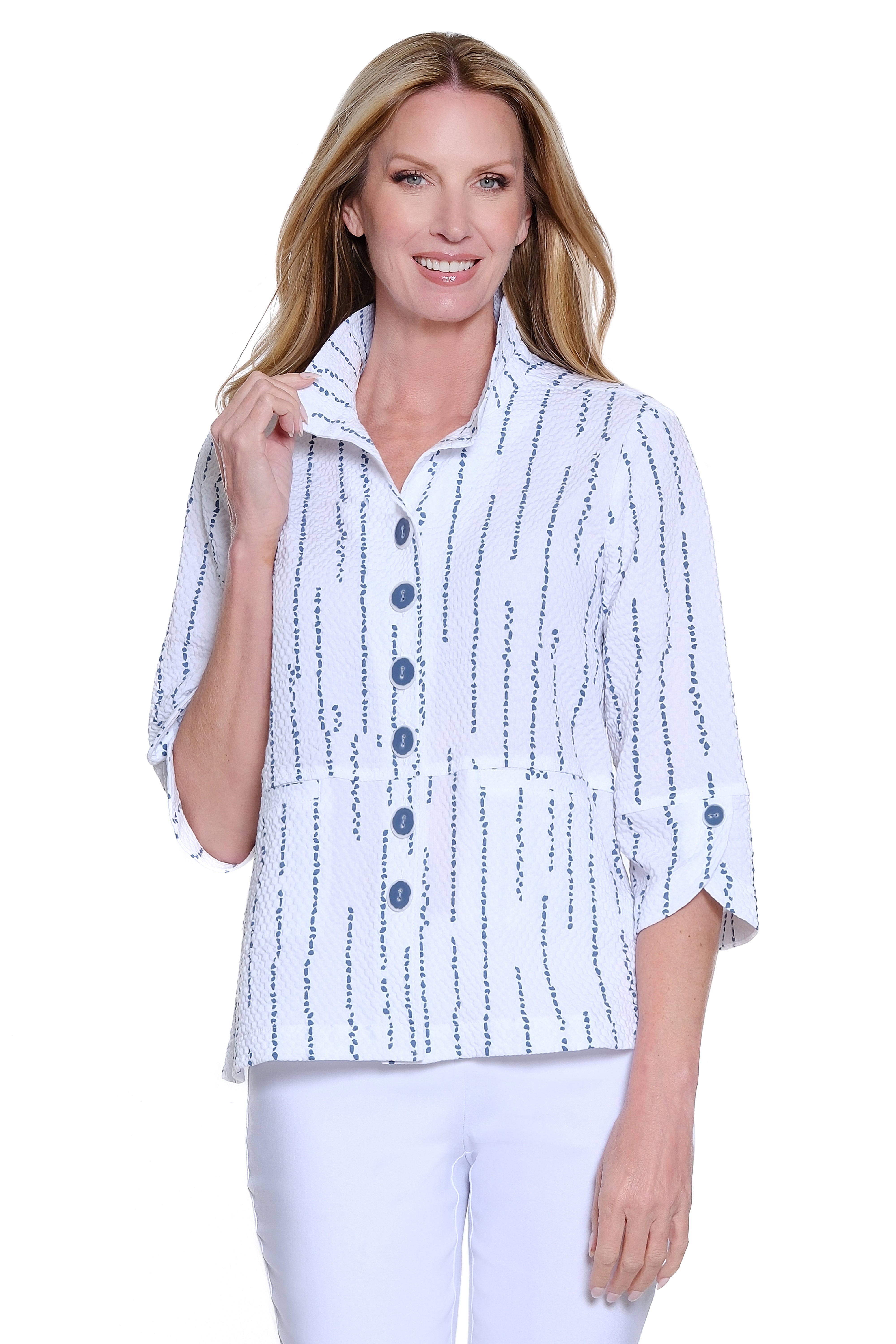 Rayon Blend Button Front Shirt with Wire Collar - White/Blue