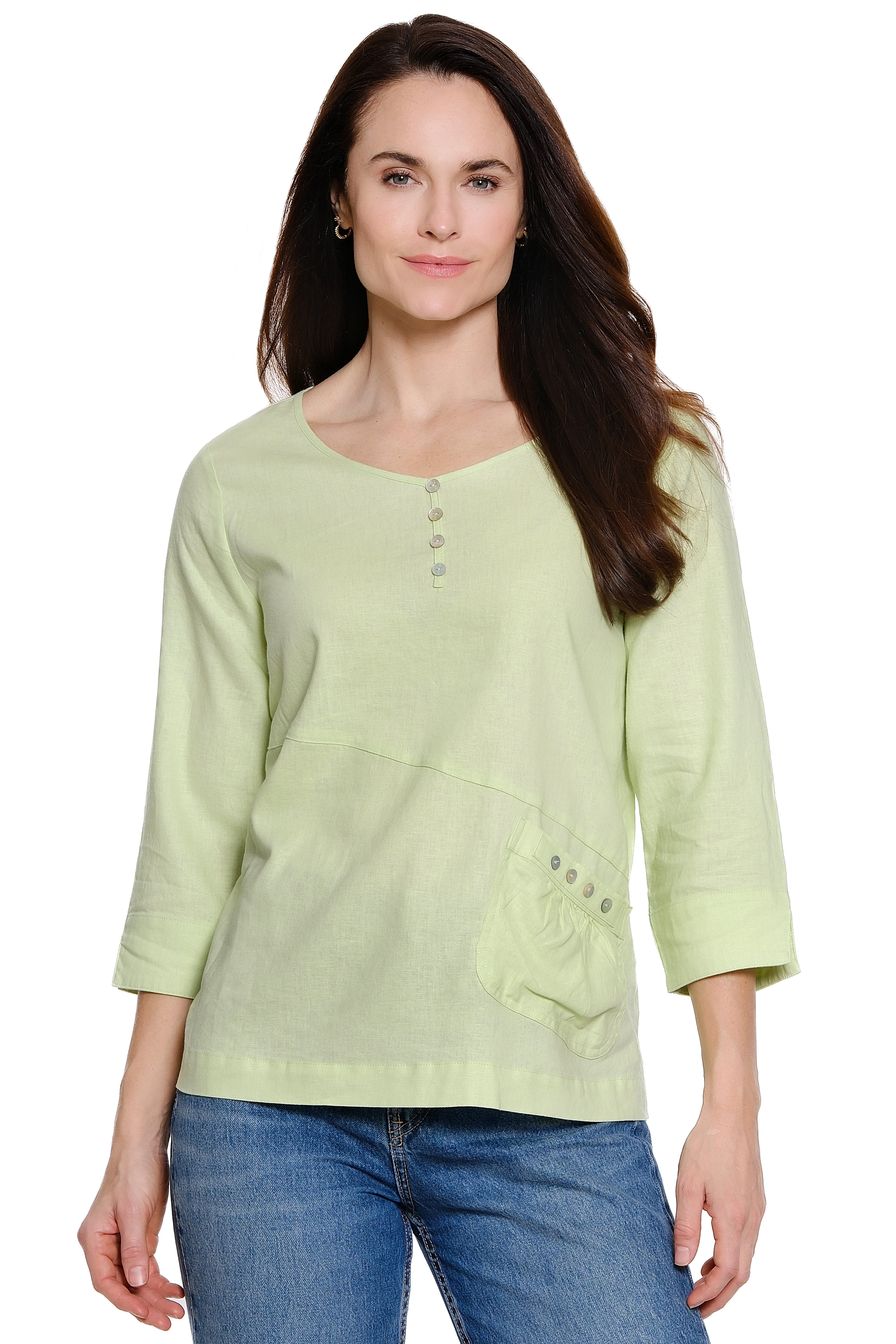 Woven Pop-Over Top with Button Detail - Lime