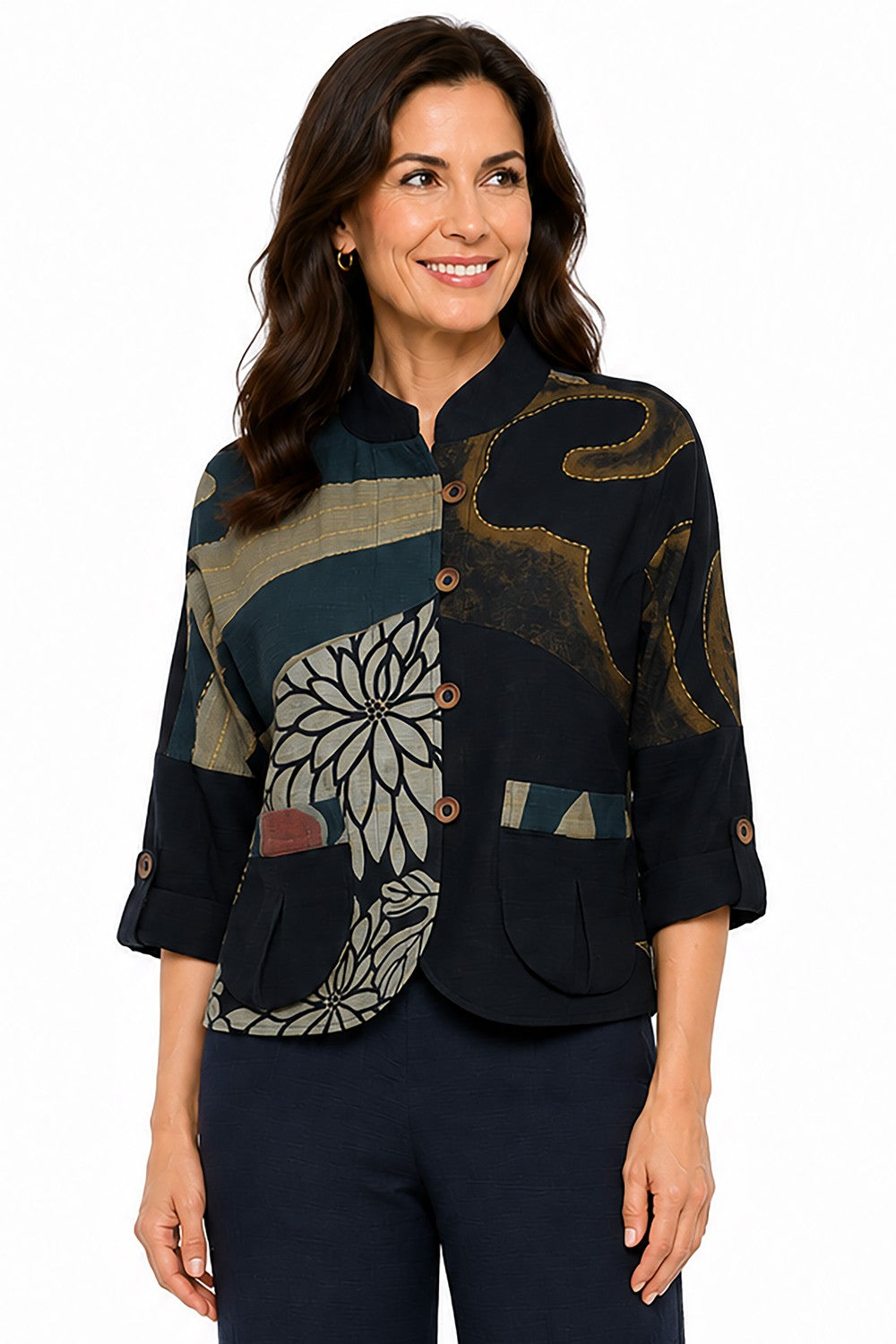 Ali Miles Black Printed Woven Button-Front Jacket - Missy