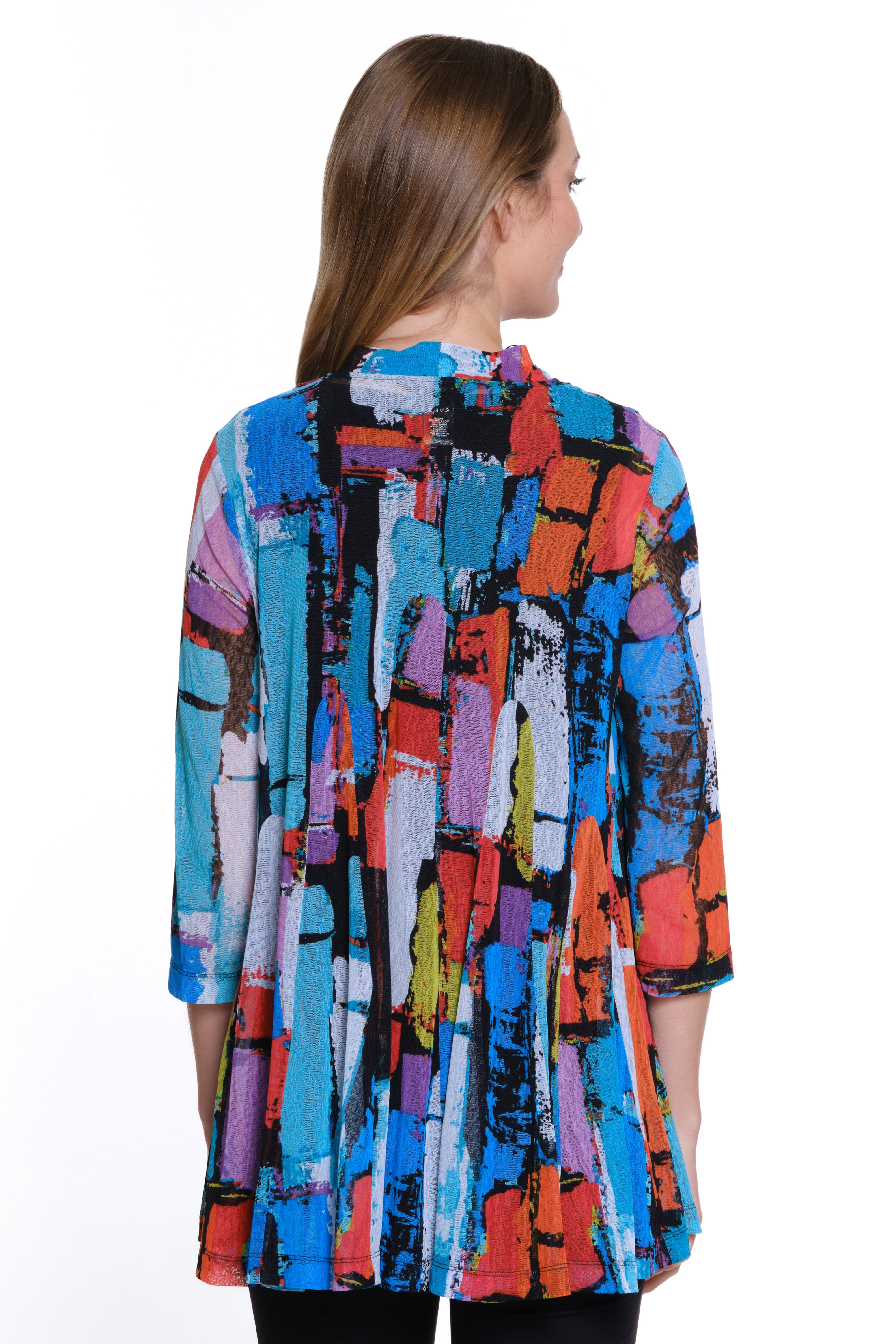 Printed Mesh Open Front Kimono - Abstract Multi