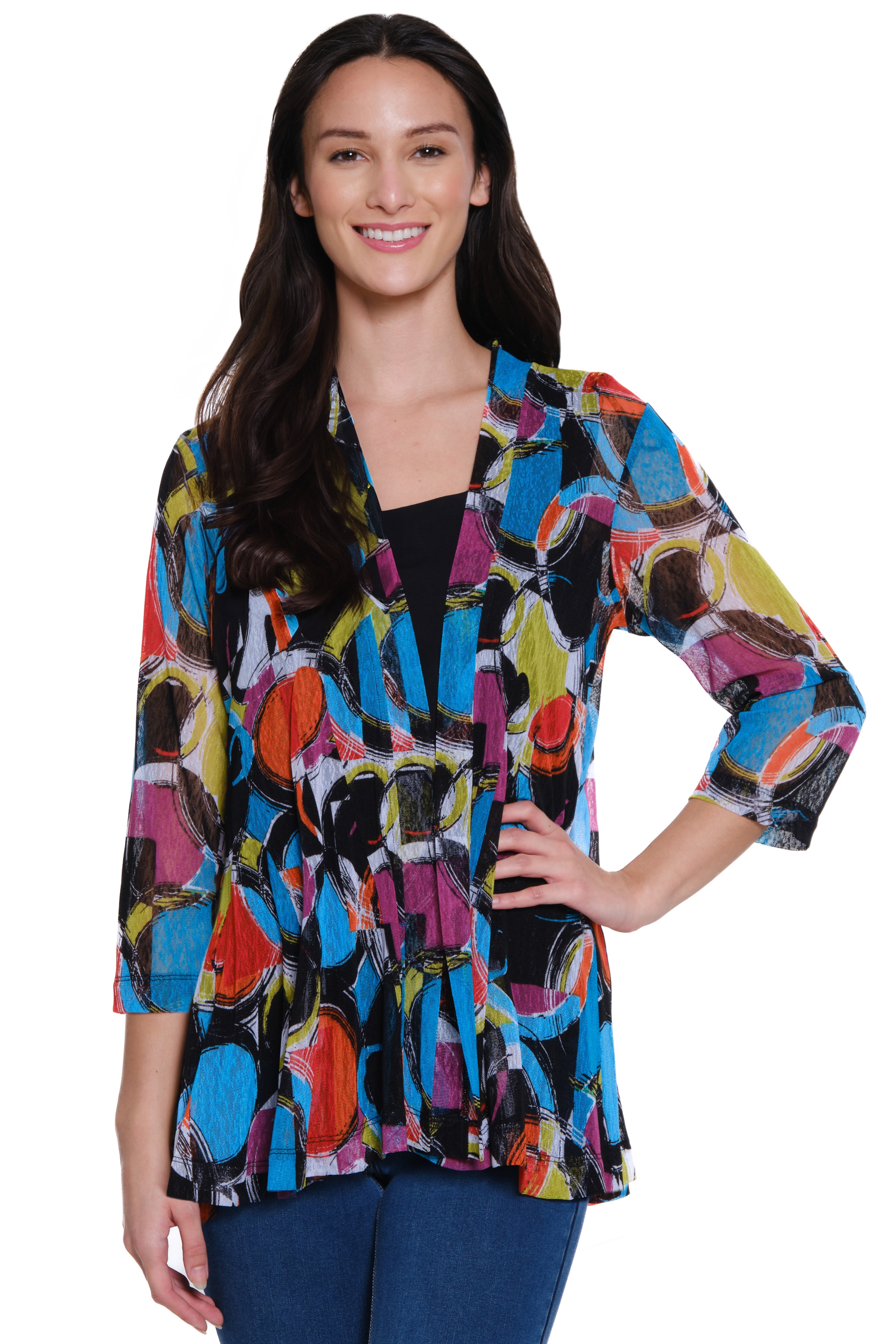 Printed Mesh Open Front Kimono - Geo Multi