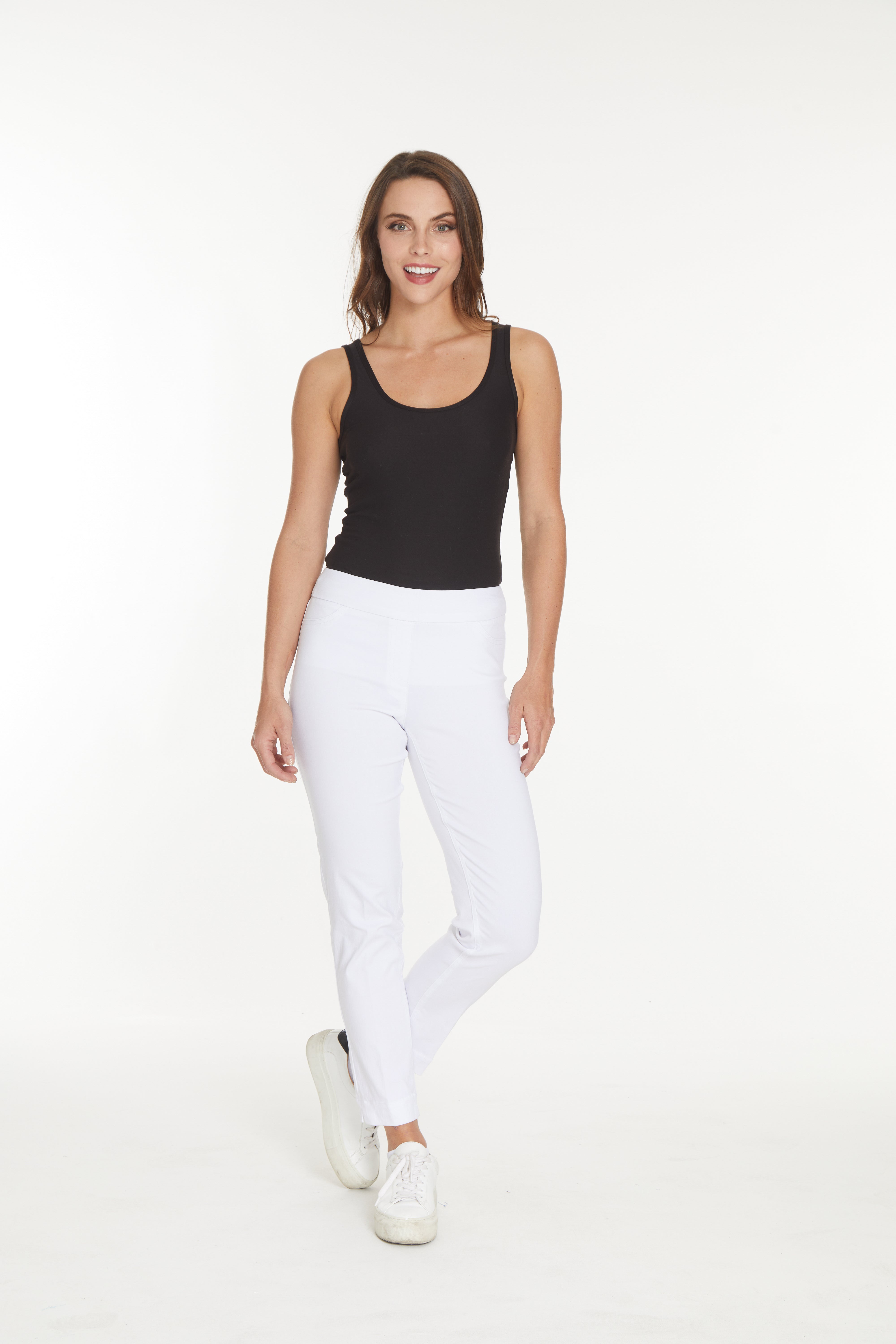 Plus Size Pull-On Solid Narrow Leg Pant With Faux Front Pockets - White