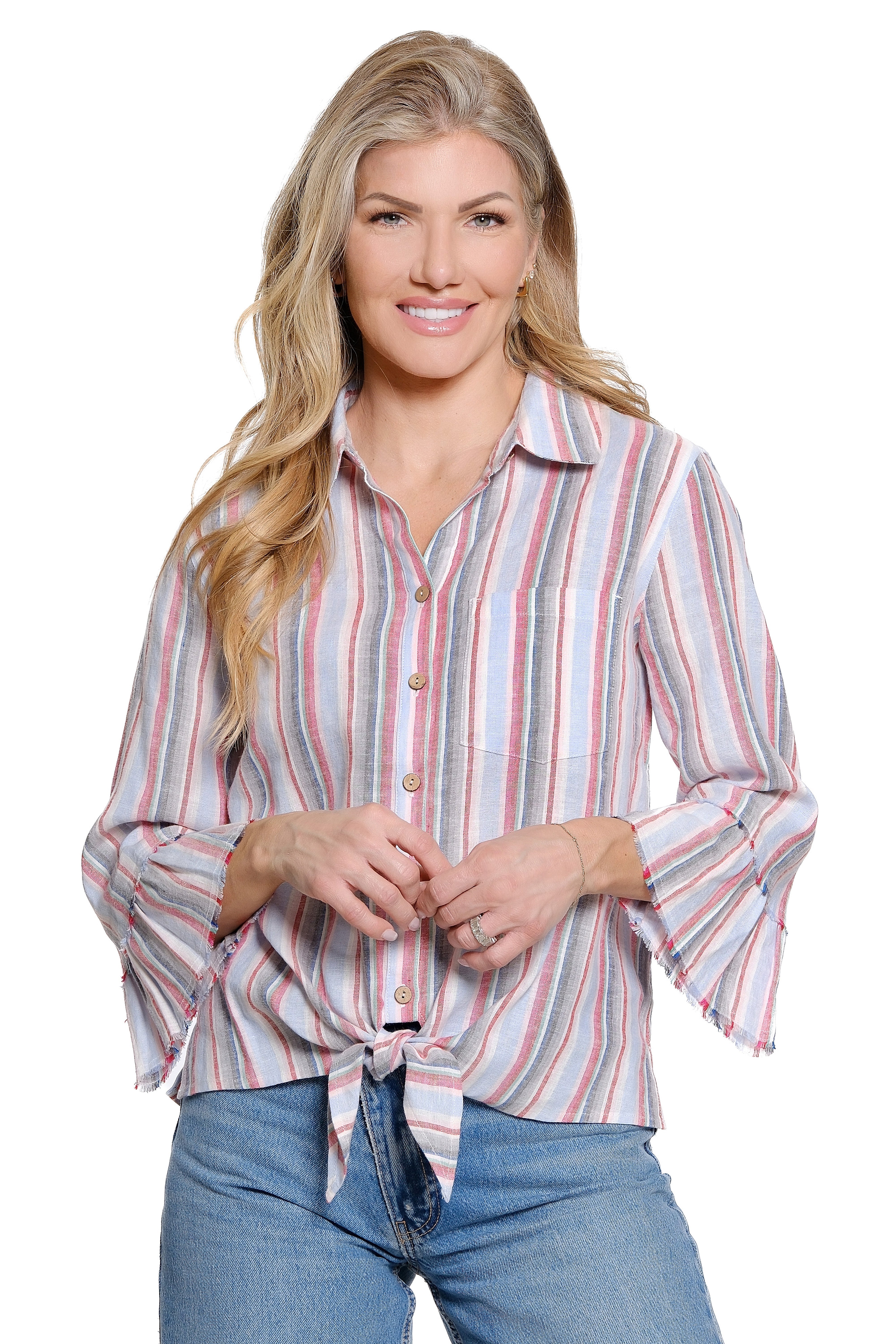 Striped Tie-Front Blouse Ruffle Sleeve Zig Zag Embroidery Detail - Stripe Multi