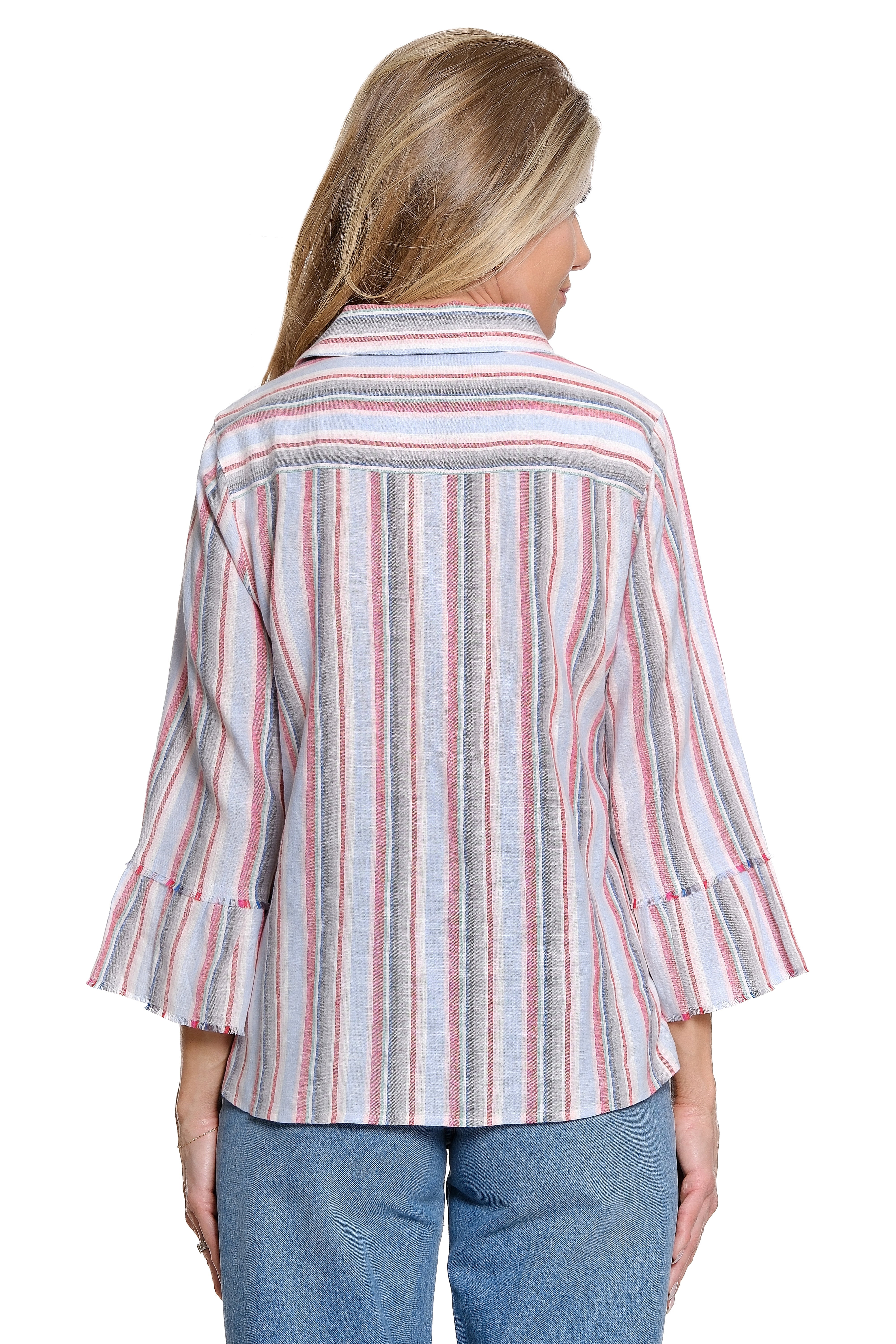 Striped Tie-Front Blouse Ruffle Sleeve Zig Zag Embroidery Detail - Stripe Multi