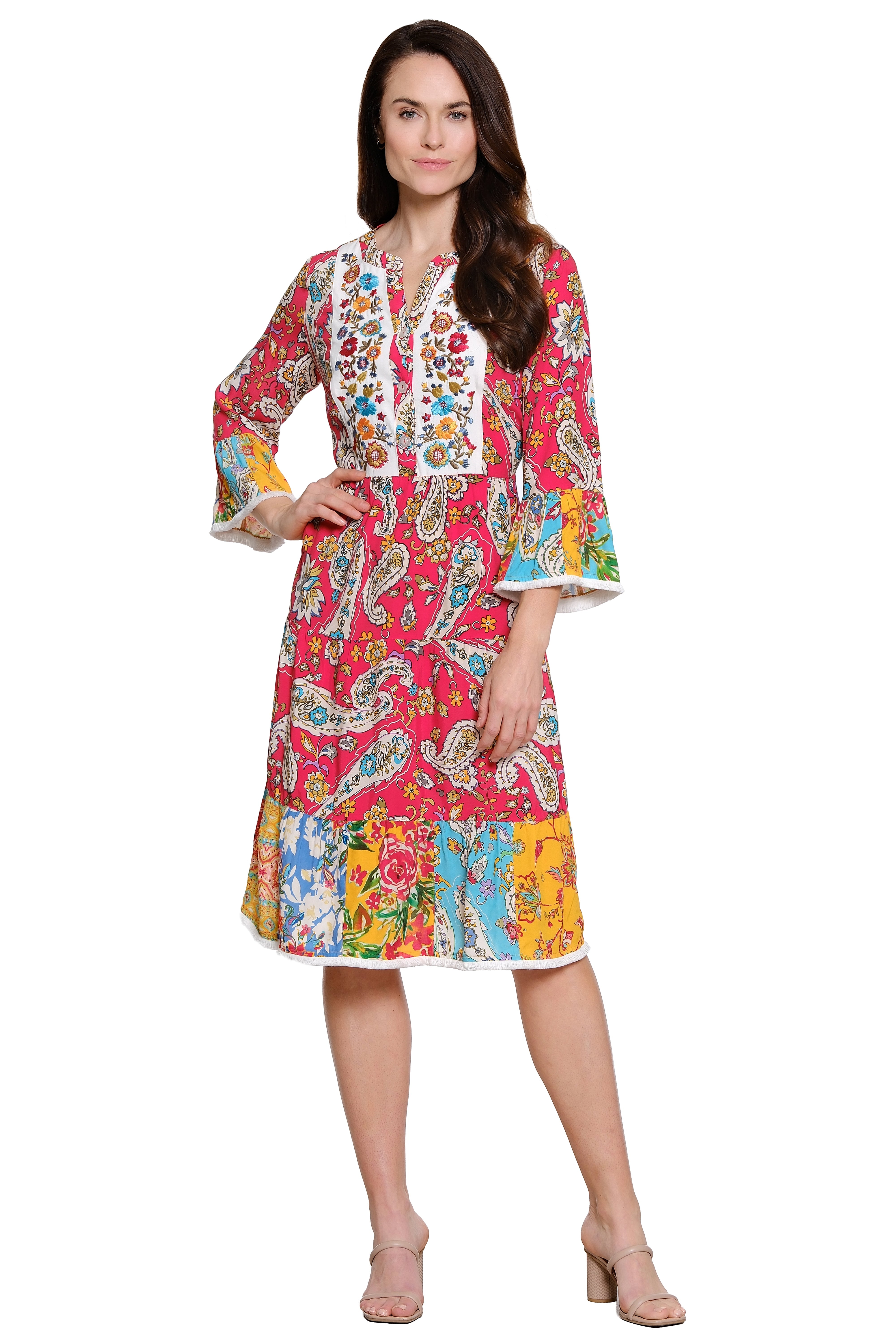 Embroidered Tiered Floral Print Dress 3/4 Bell Sleeve - Red Floral
