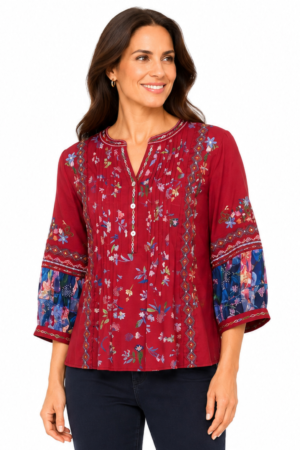 トップス TODAYFUL*EmbroideryPatchworkShirtsECRU F Red Embroidered Pintuck Popover - Missy