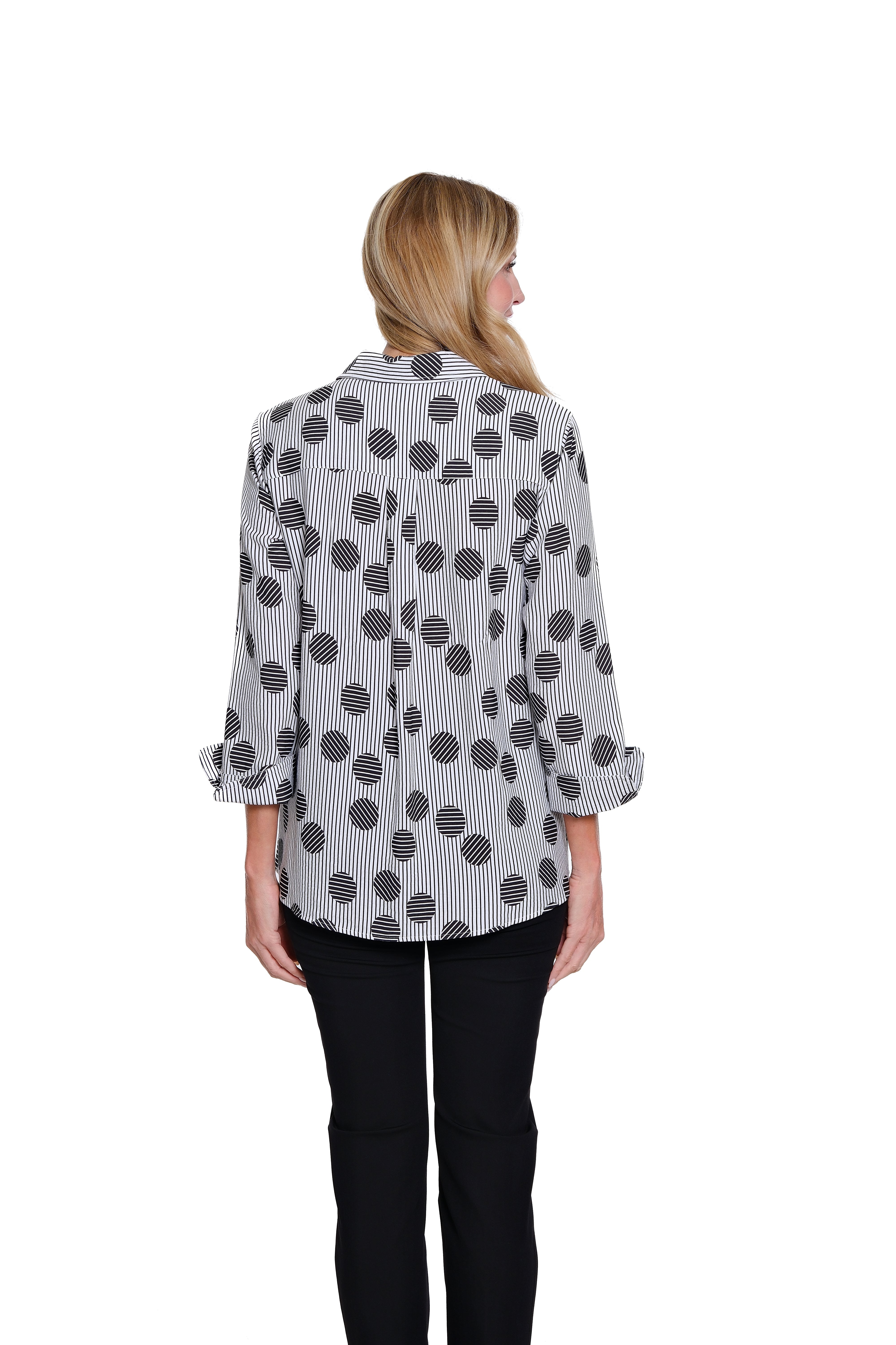 Turn-Up Cuff 3/4 Sleeve Button Front Shirt - Black White Print