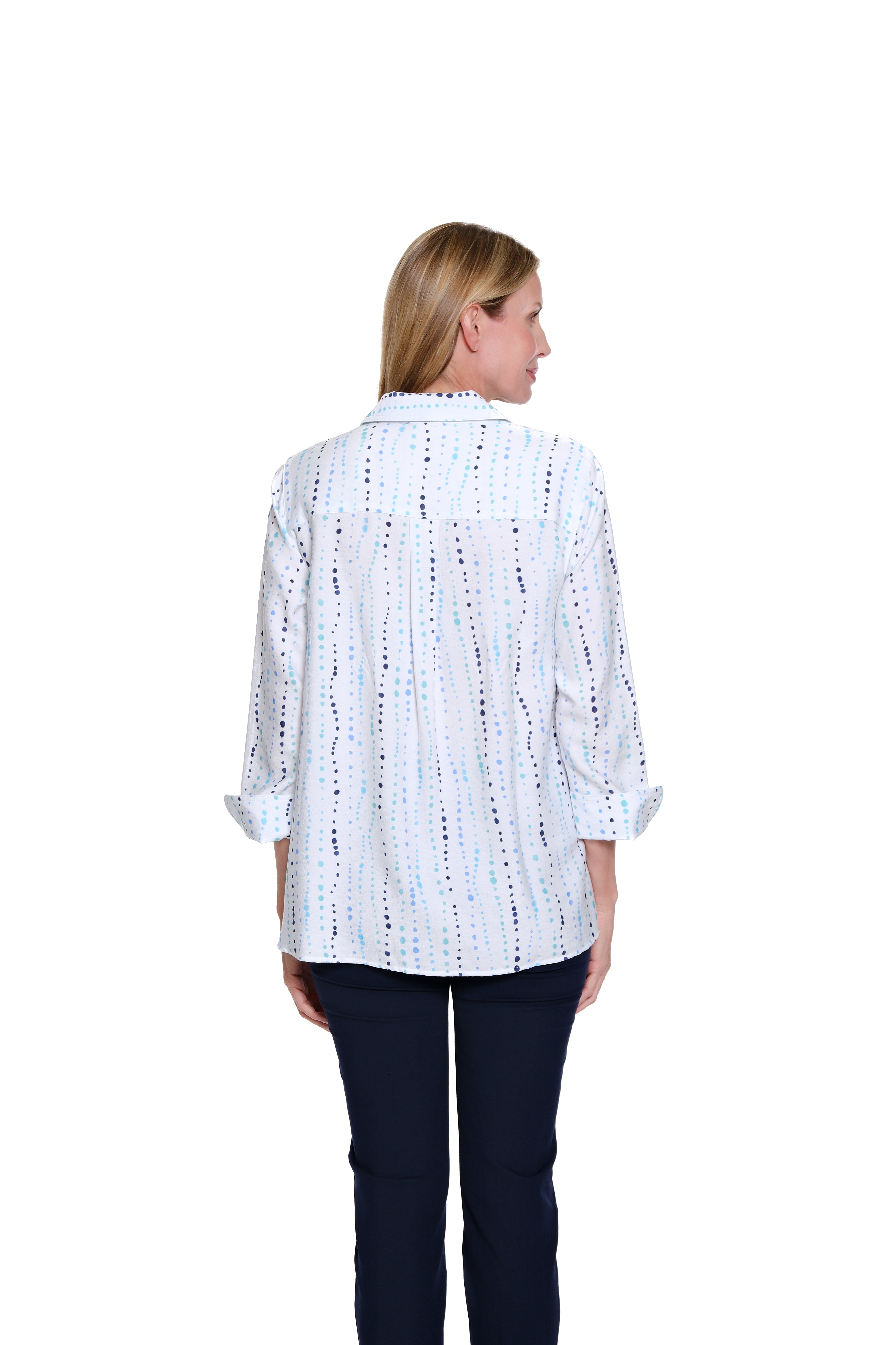 Turn-Up Cuff 3/4 Sleeve Button Front Shirt - Watercolor Dots Print