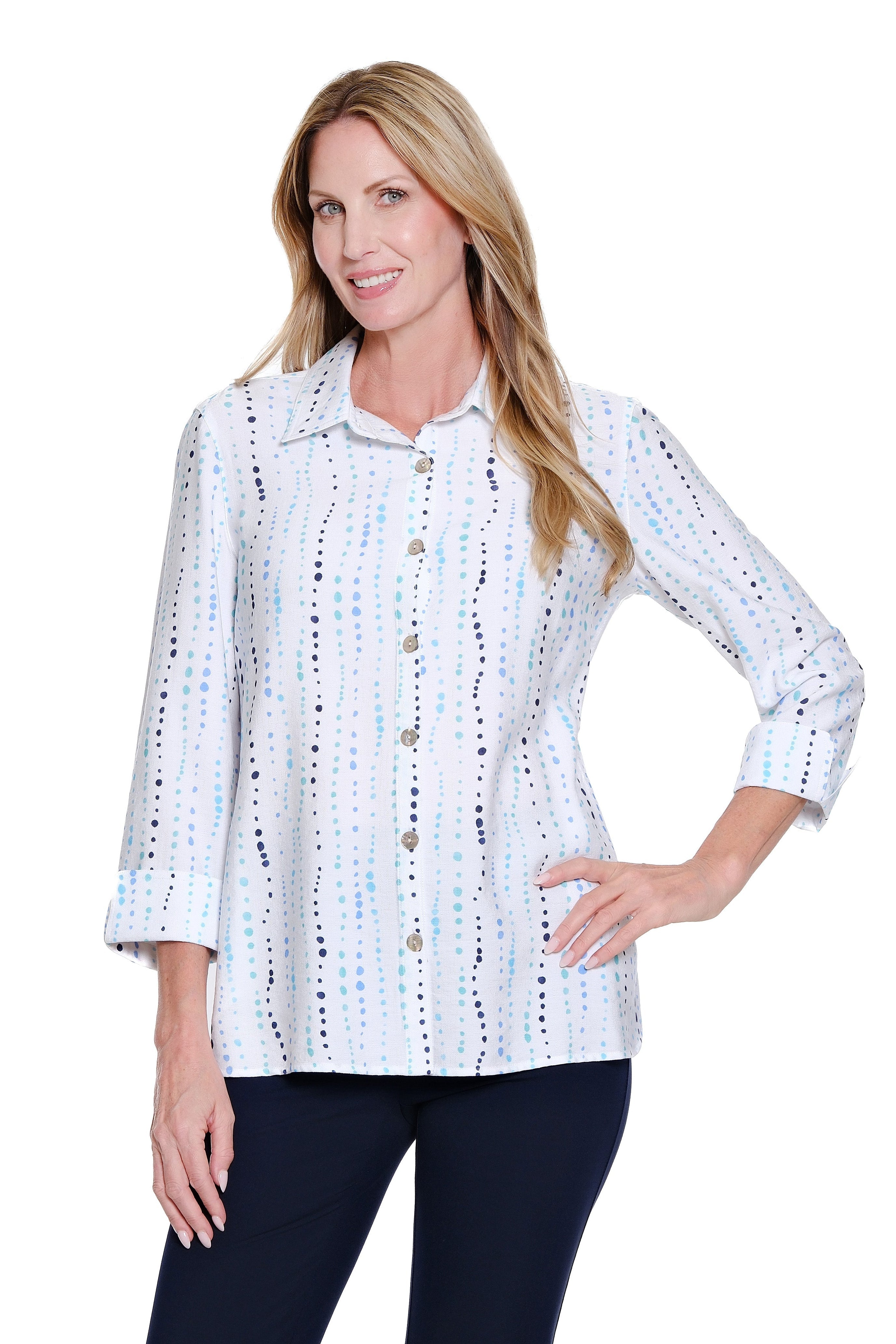 Turn-Up Cuff 3/4 Sleeve Button Front Shirt - Watercolor Dots Print