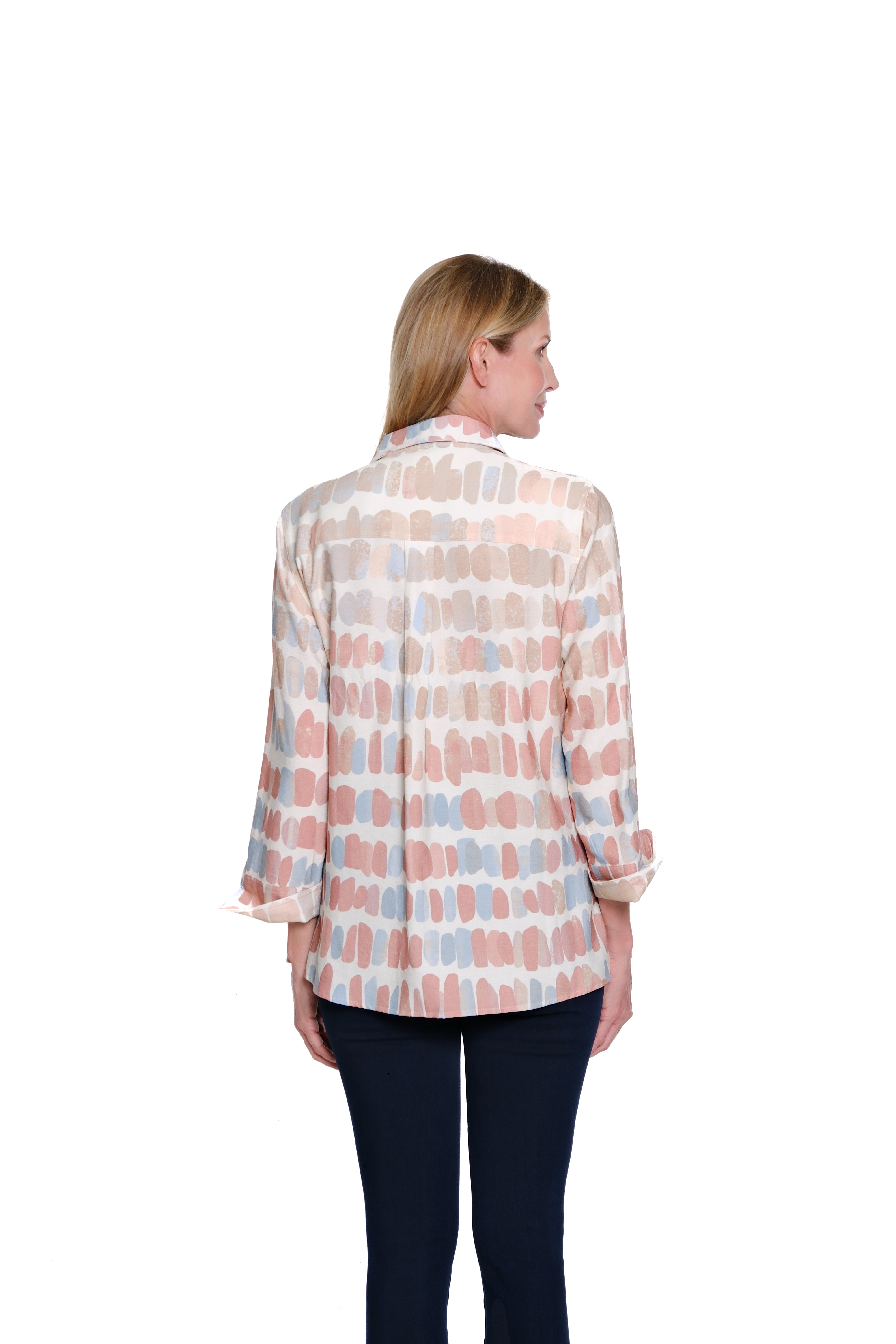 Turn-Up Cuff 3/4 Sleeve Button Front Shirt - Plus - Stripe Multi