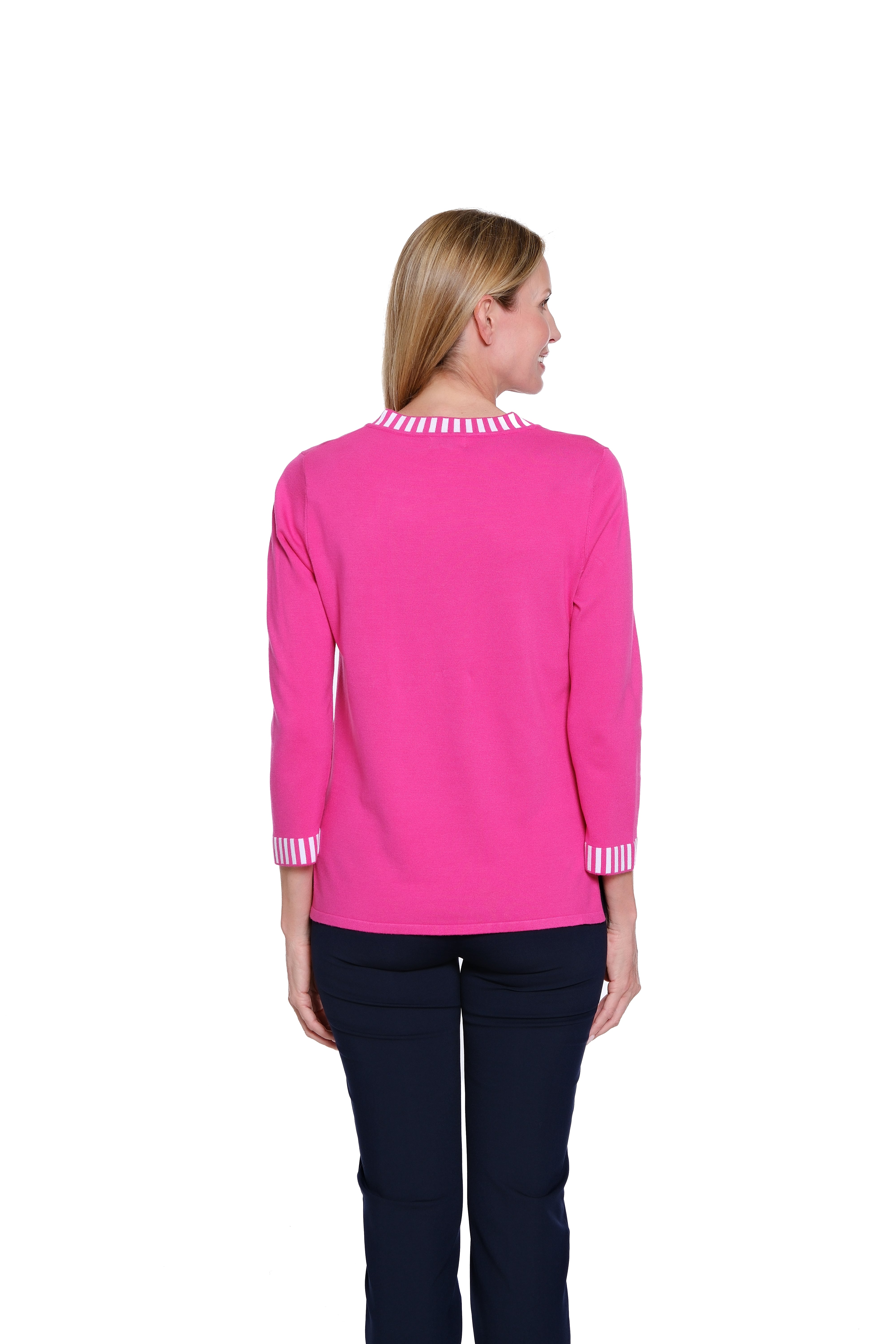 3/4 Sleeve Banded V-Neck Sweater Top - Candy Pink