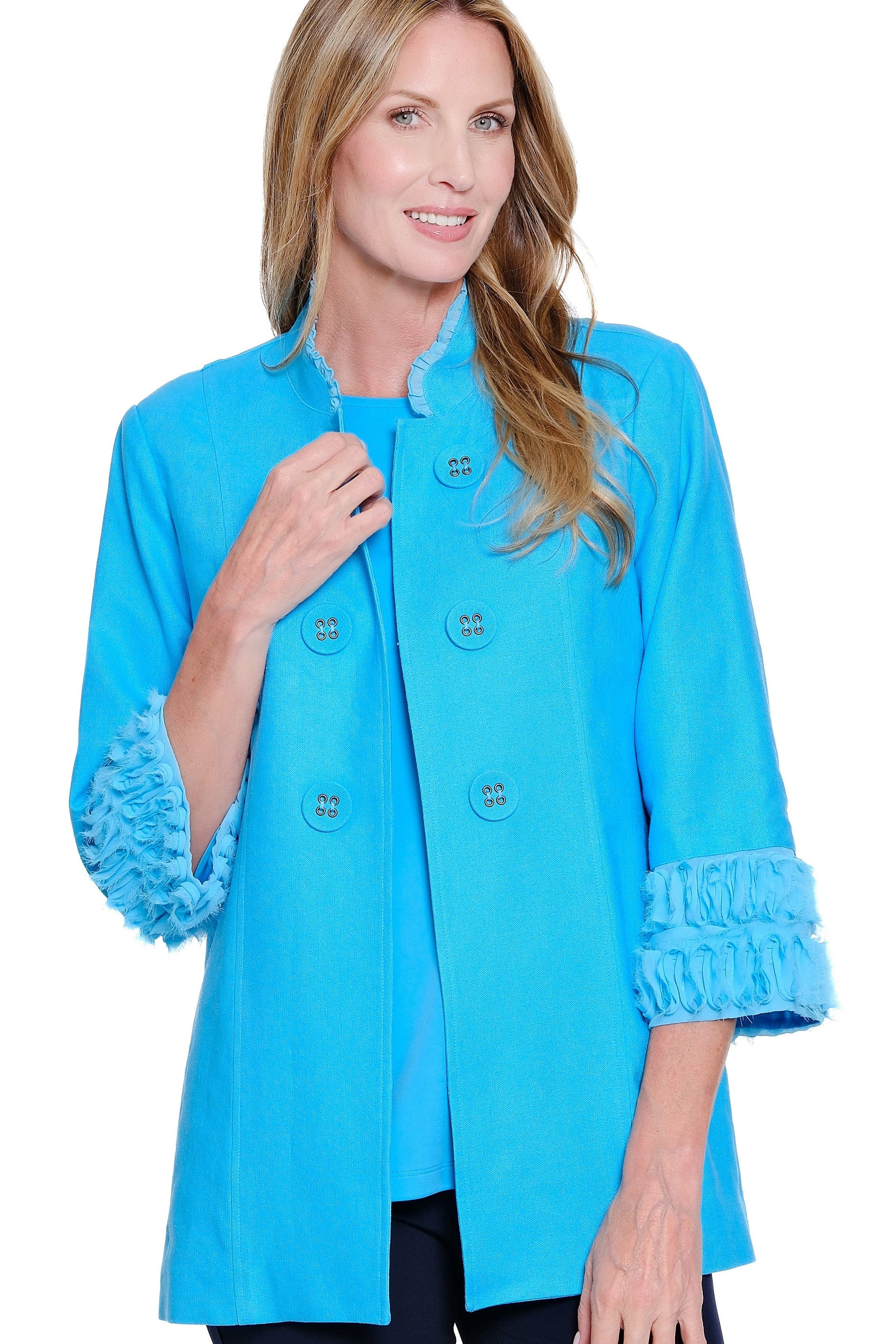 3/4 Sleeve Stand Collar Double Button Lined Jacket - Petite - Turquoise