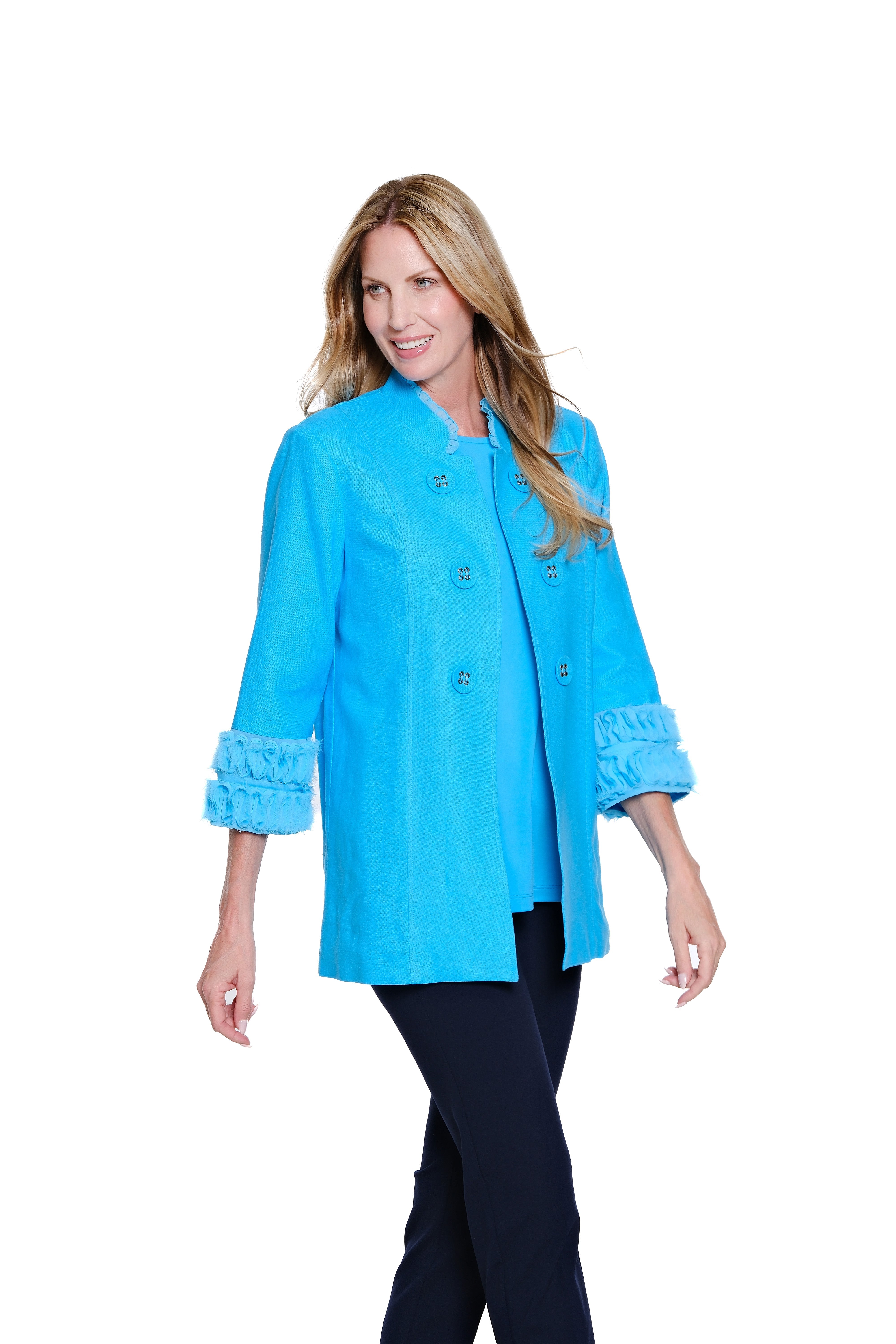 3/4 Sleeve Stand Collar Double Button Lined Jacket - Petite - Turquoise