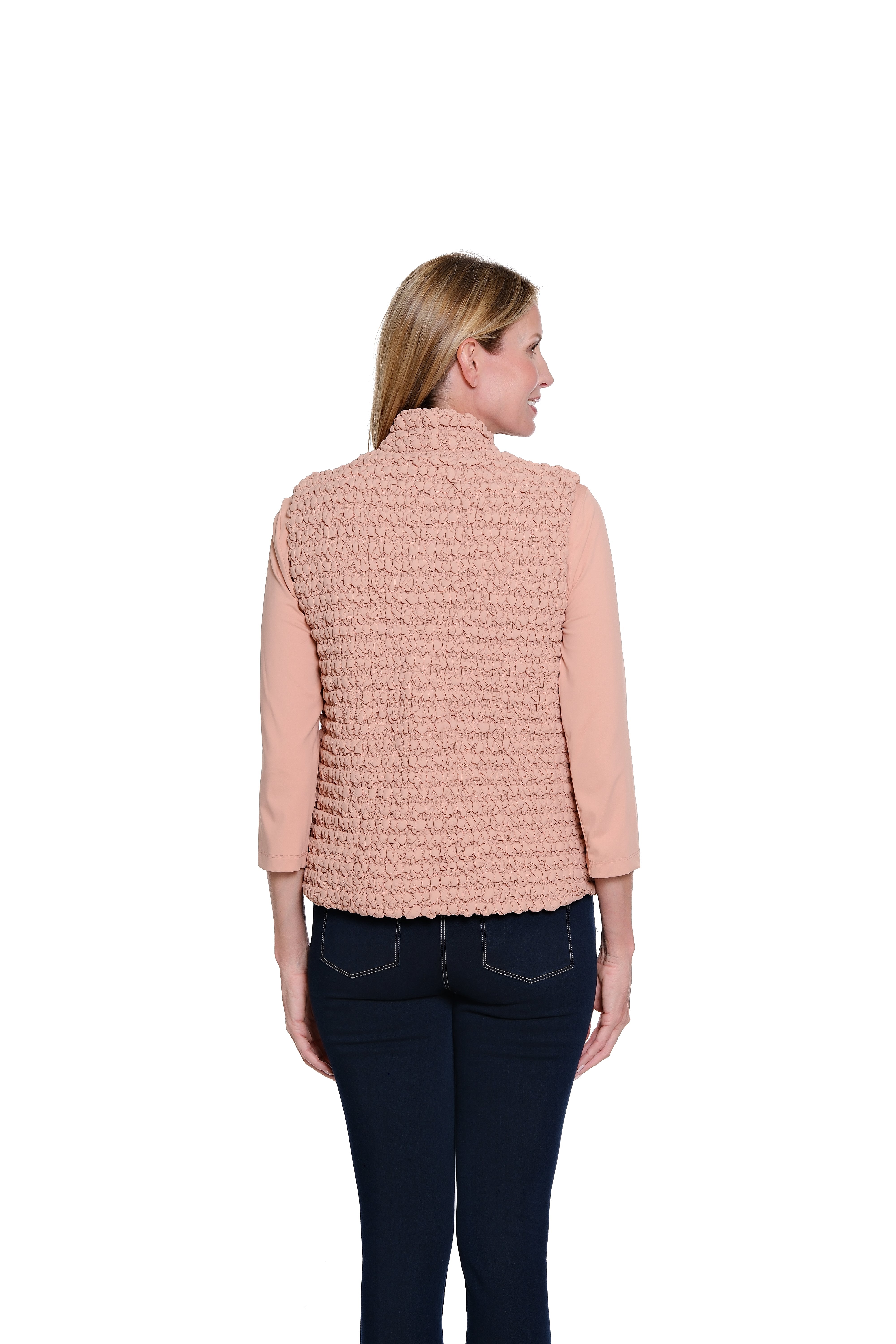 Snap & Zip Thru Collar Quilted Vest - Missy - Pink