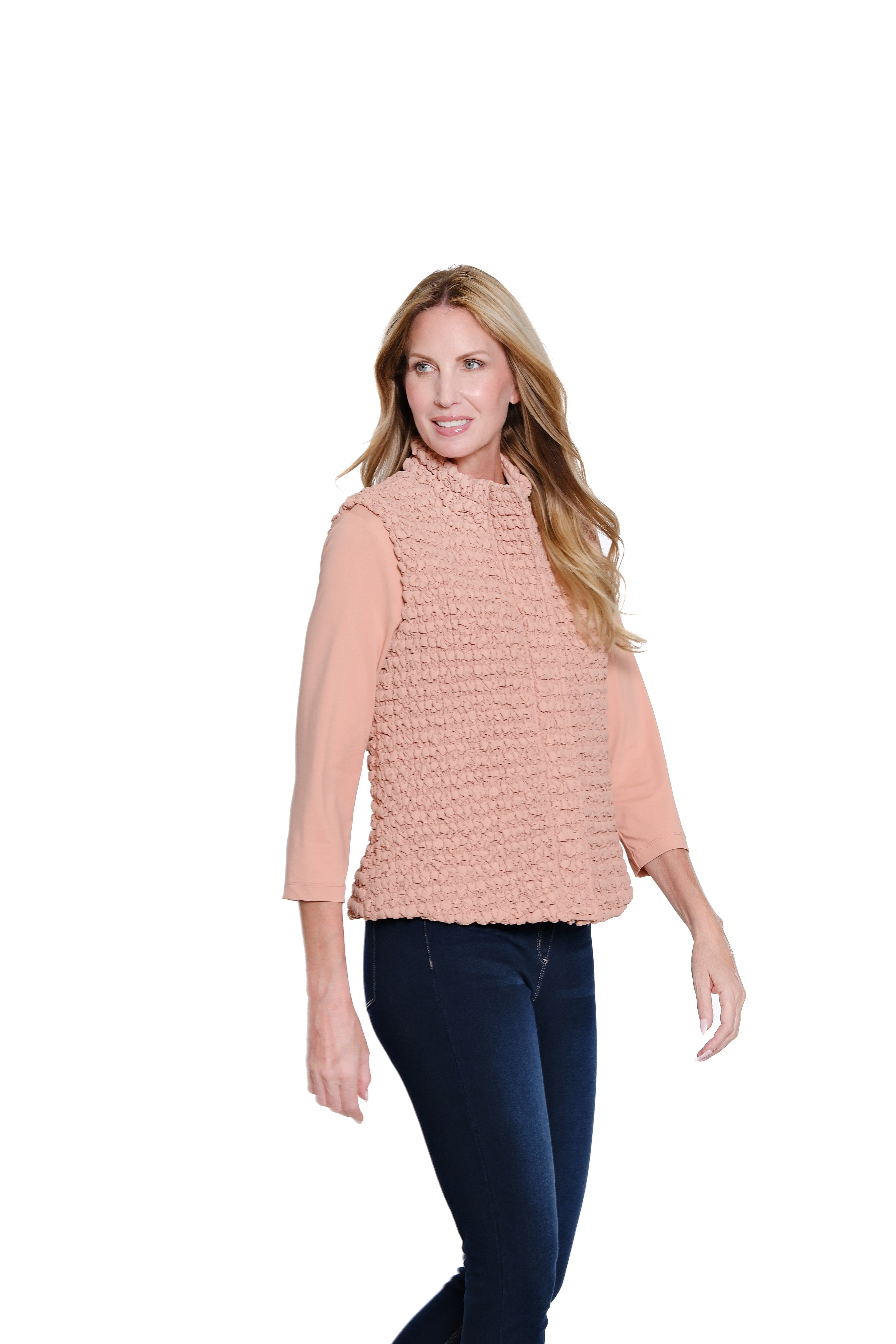 Snap & Zip Thru Collar Quilted Vest - Missy - Pink