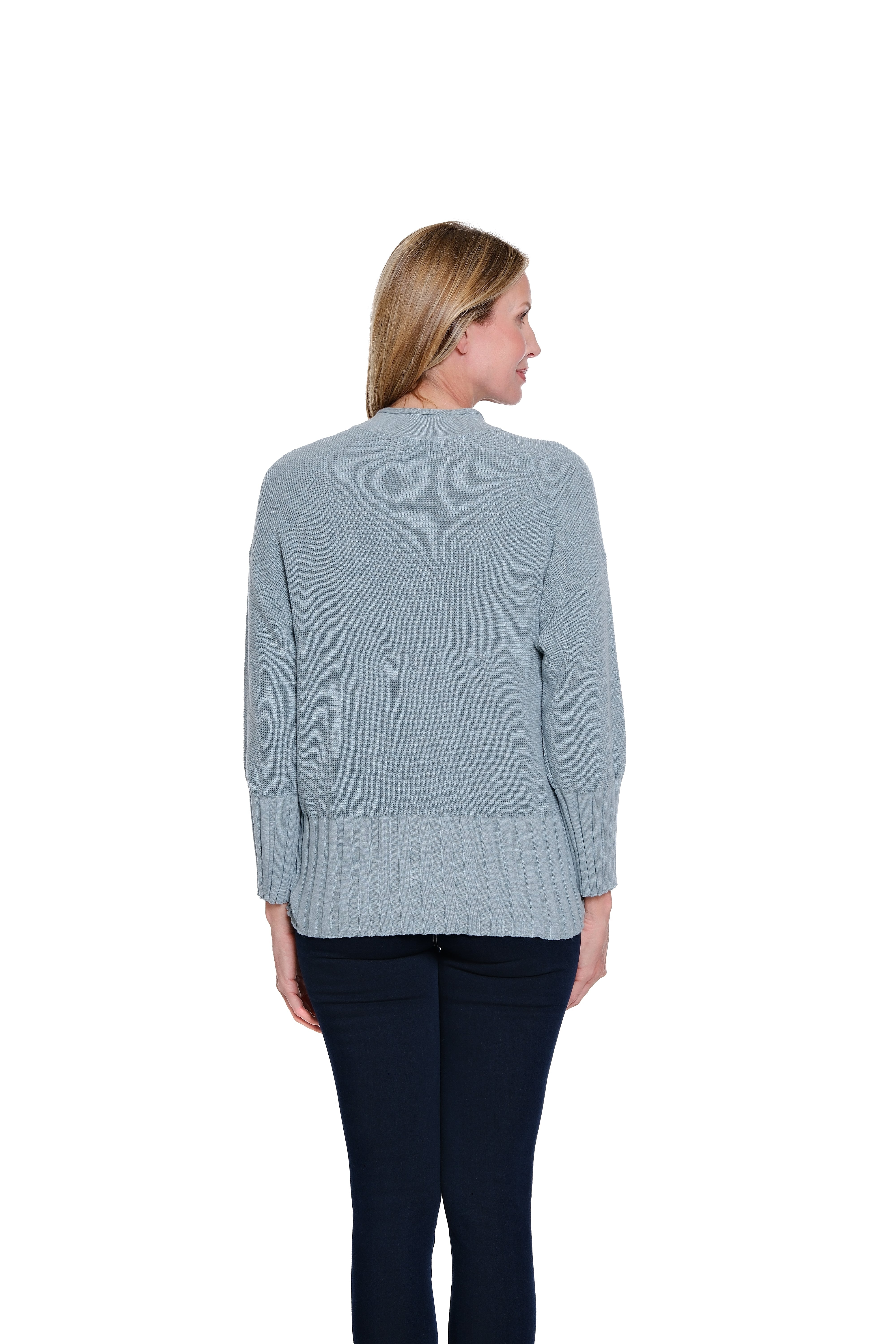 3/4 Sleeve Drop Shoulder Button Front Sweater Cardigan - Chambray