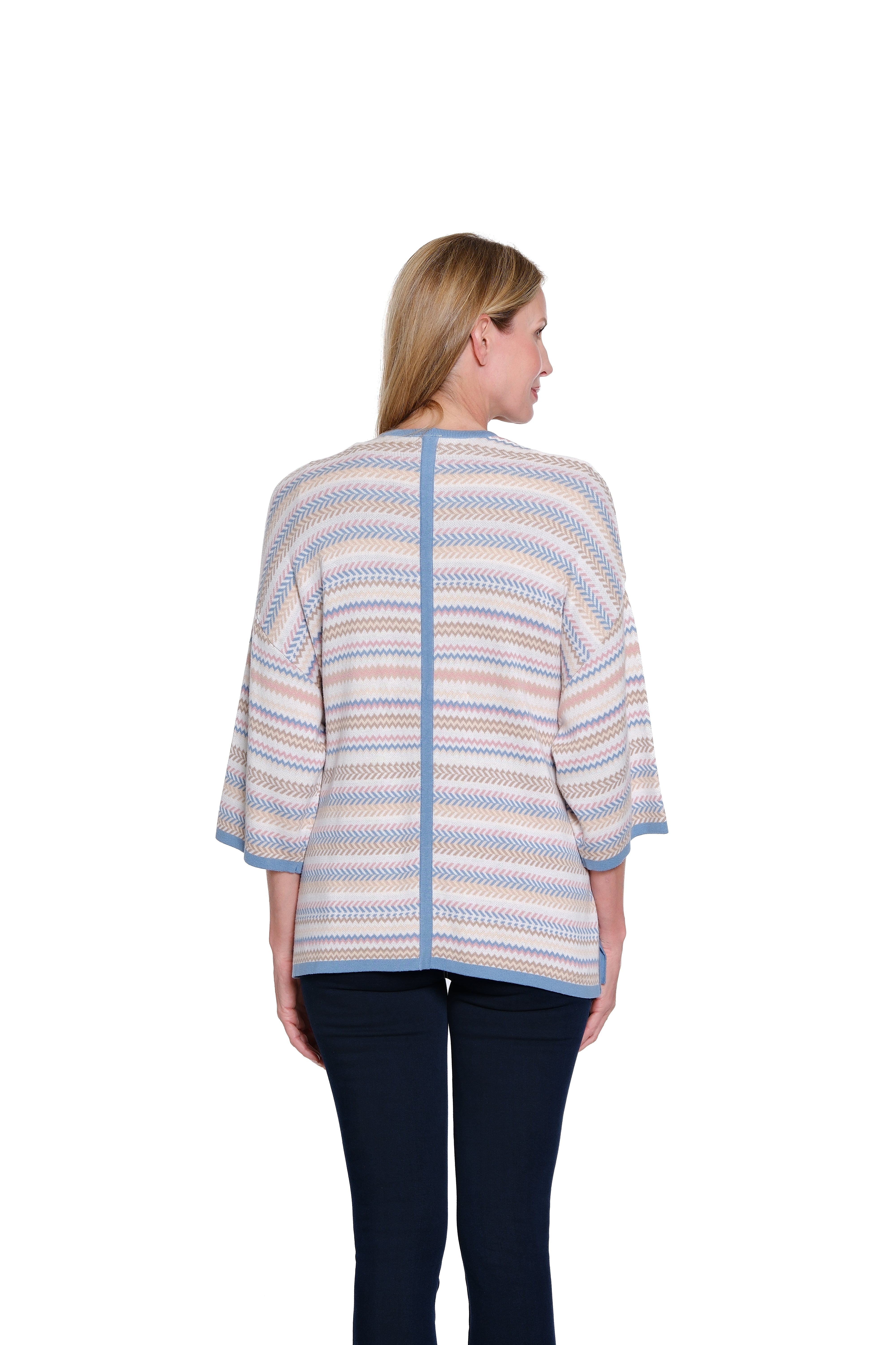 3/4 Sleeve Set-In Drop Shoulder Open Front Sweater Jacket - Multi