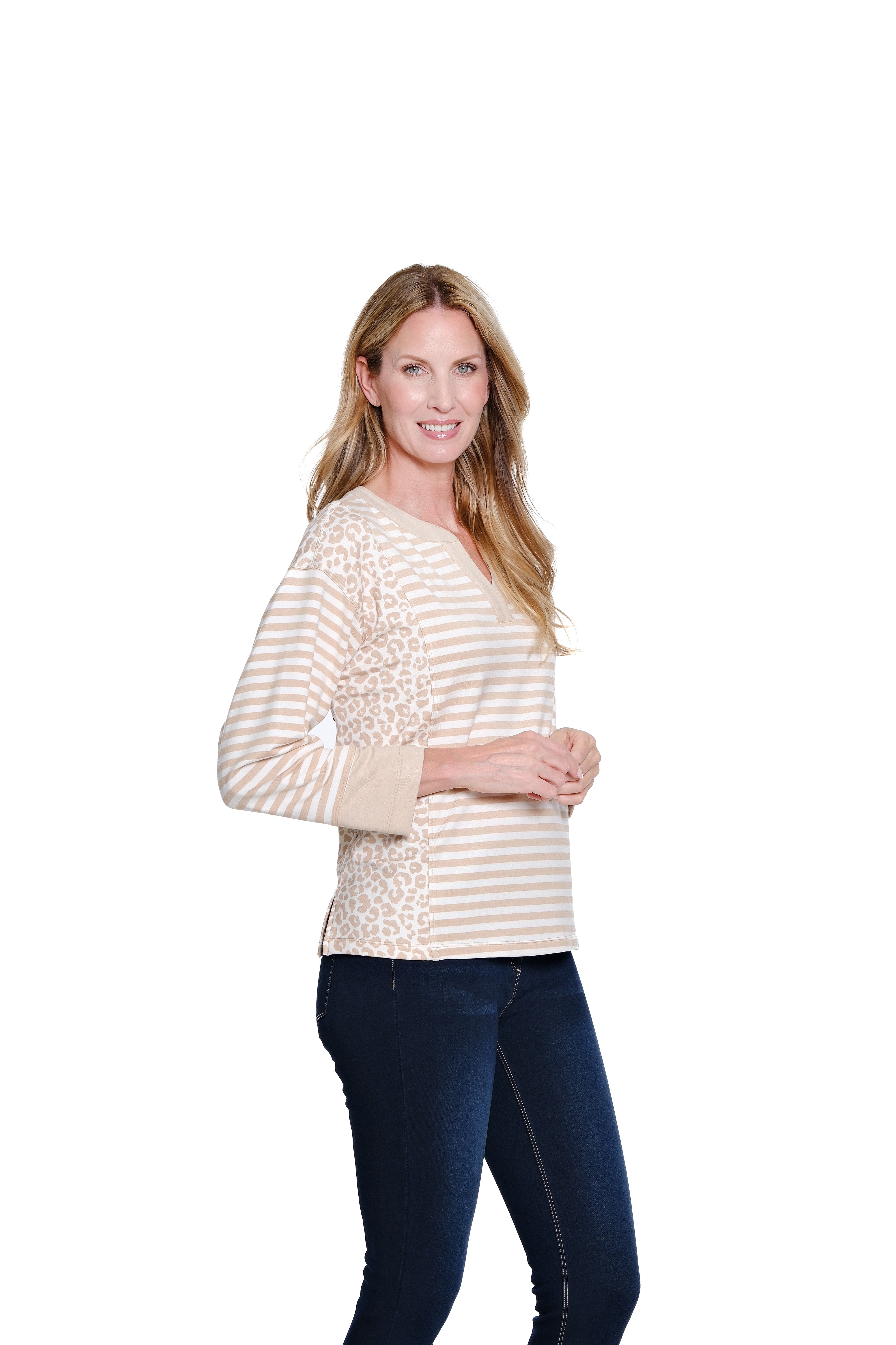 3/4 Sleeve Drop Shoulder Band Collar Top - Light Tan
