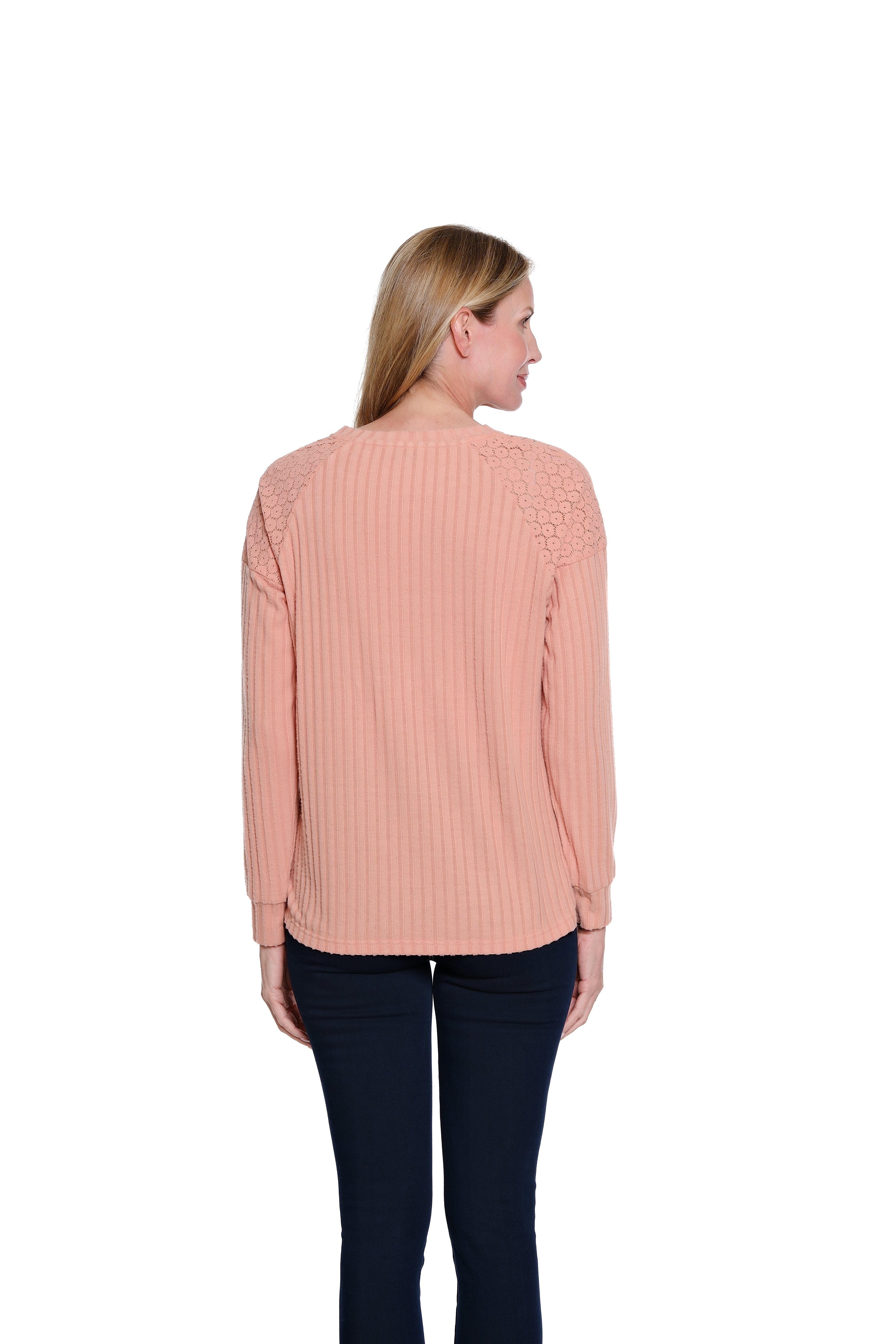 Cuffed Long Sleeve Raglan Crew Neck Top - Pink