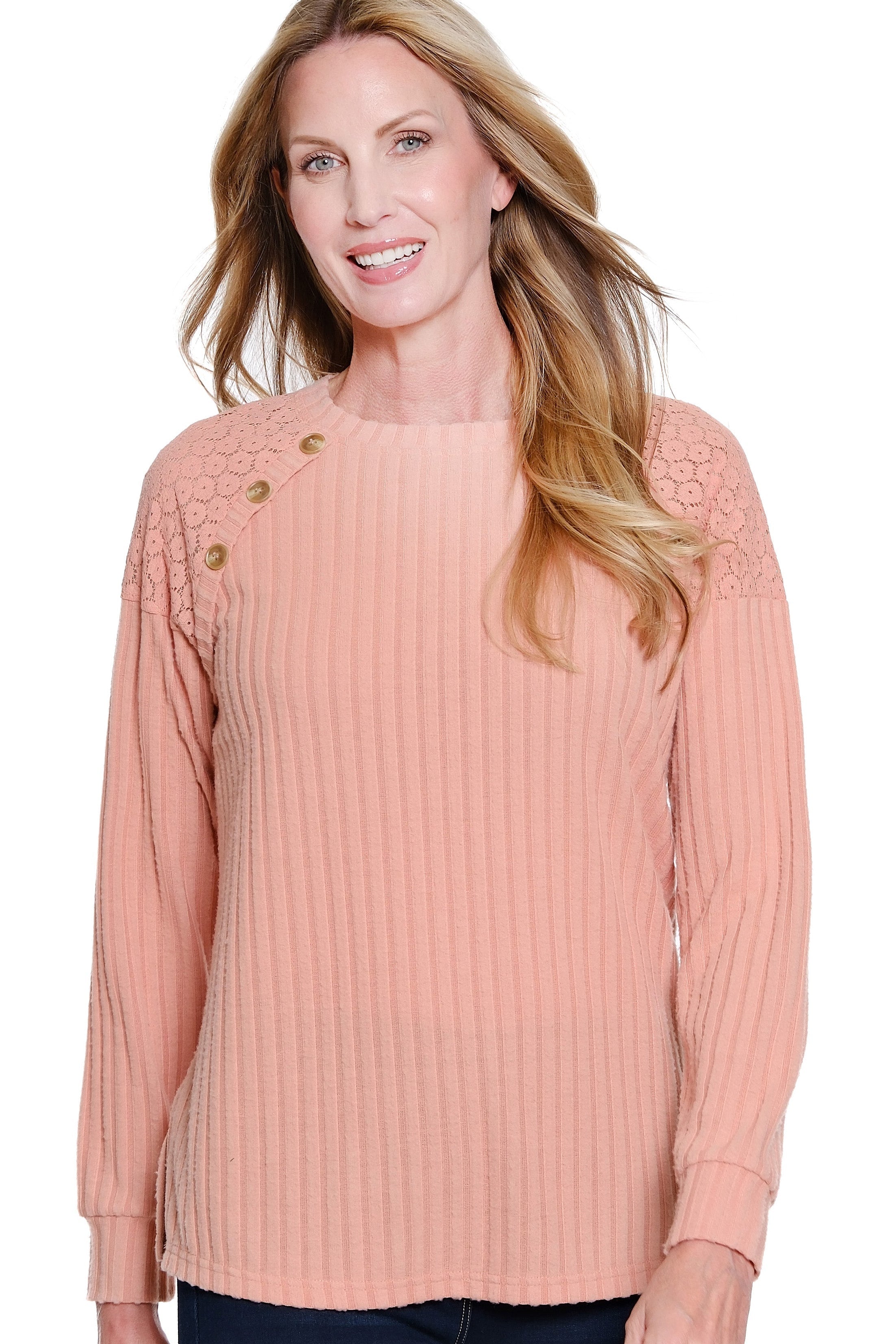 Cuffed Long Sleeve Raglan Crew Neck Top - Pink