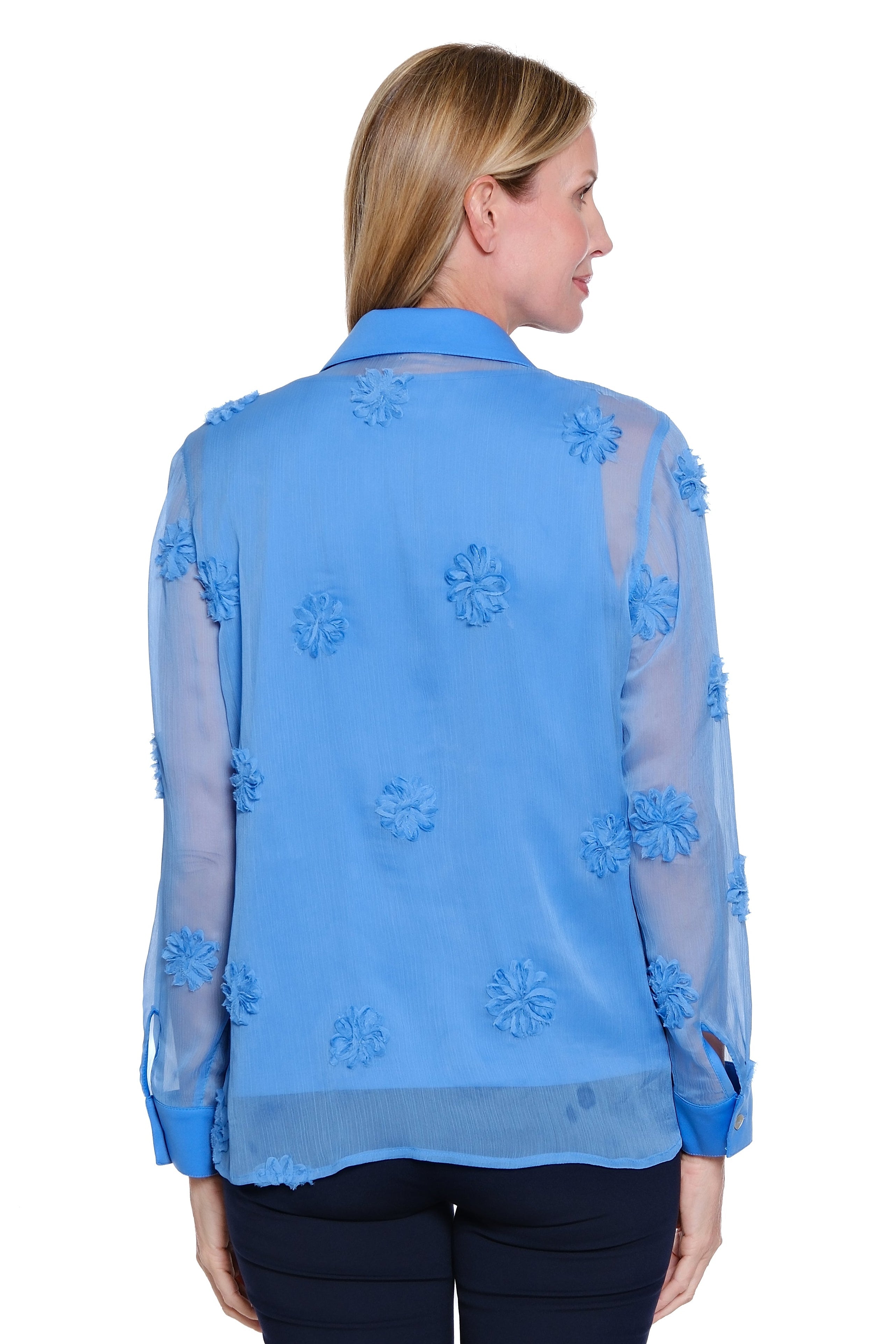 Button Front Top with Floral Trim & Knit Tank - Plus - French Blue