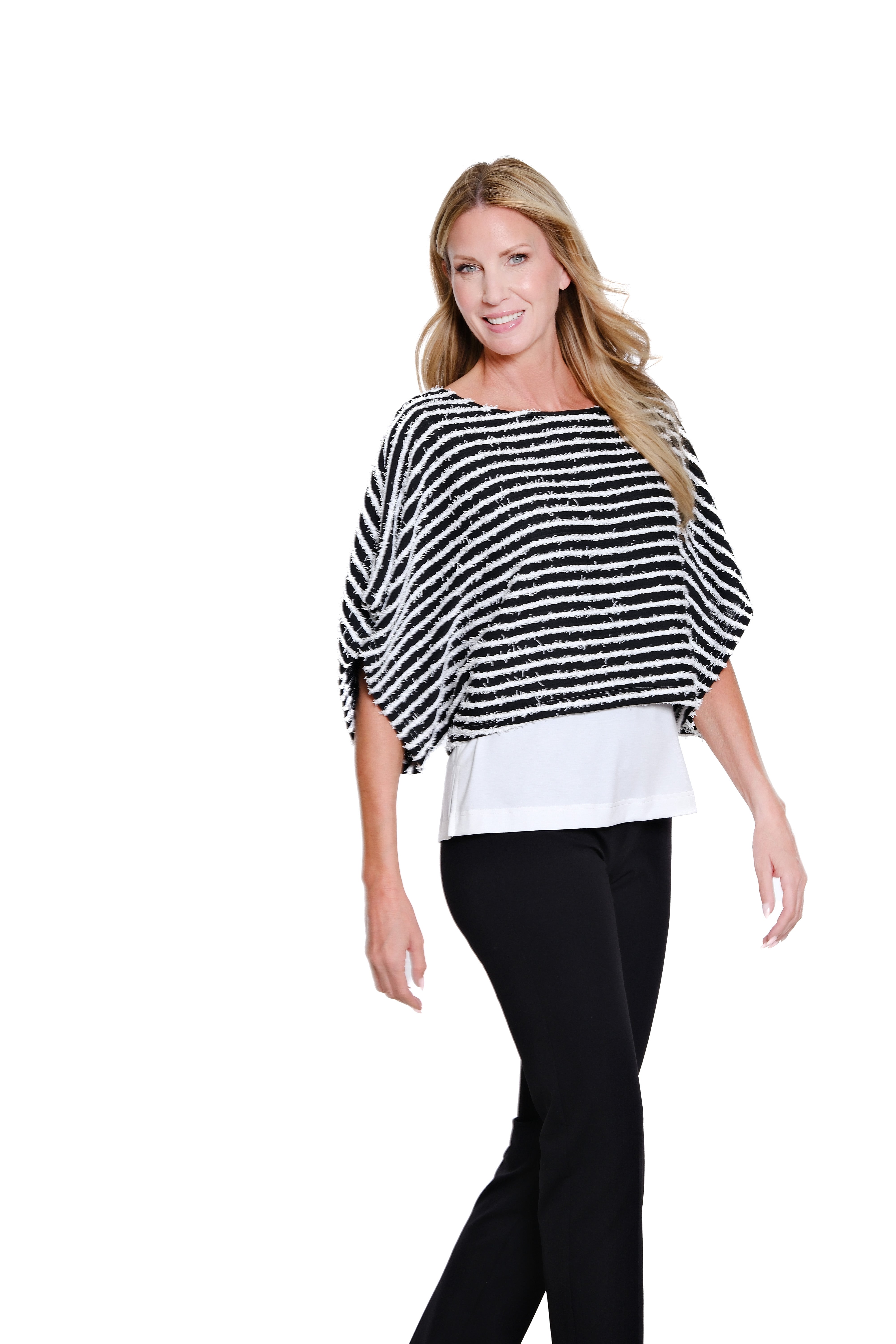 Stripe Knit Poncho Top with Attached Tank - Black/White Stripe