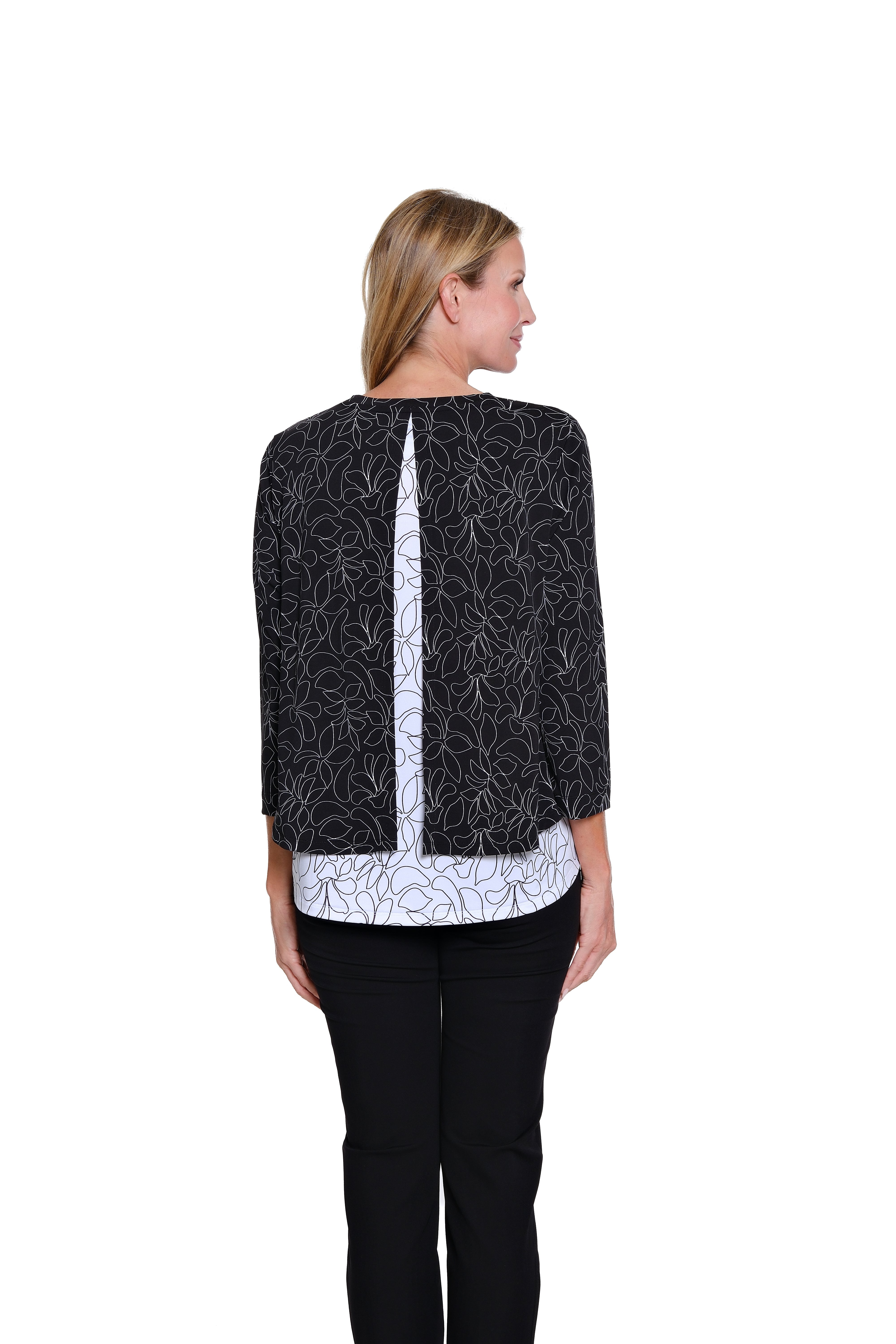 Layered Print Knit Hi-Low Top - Black/White Print
