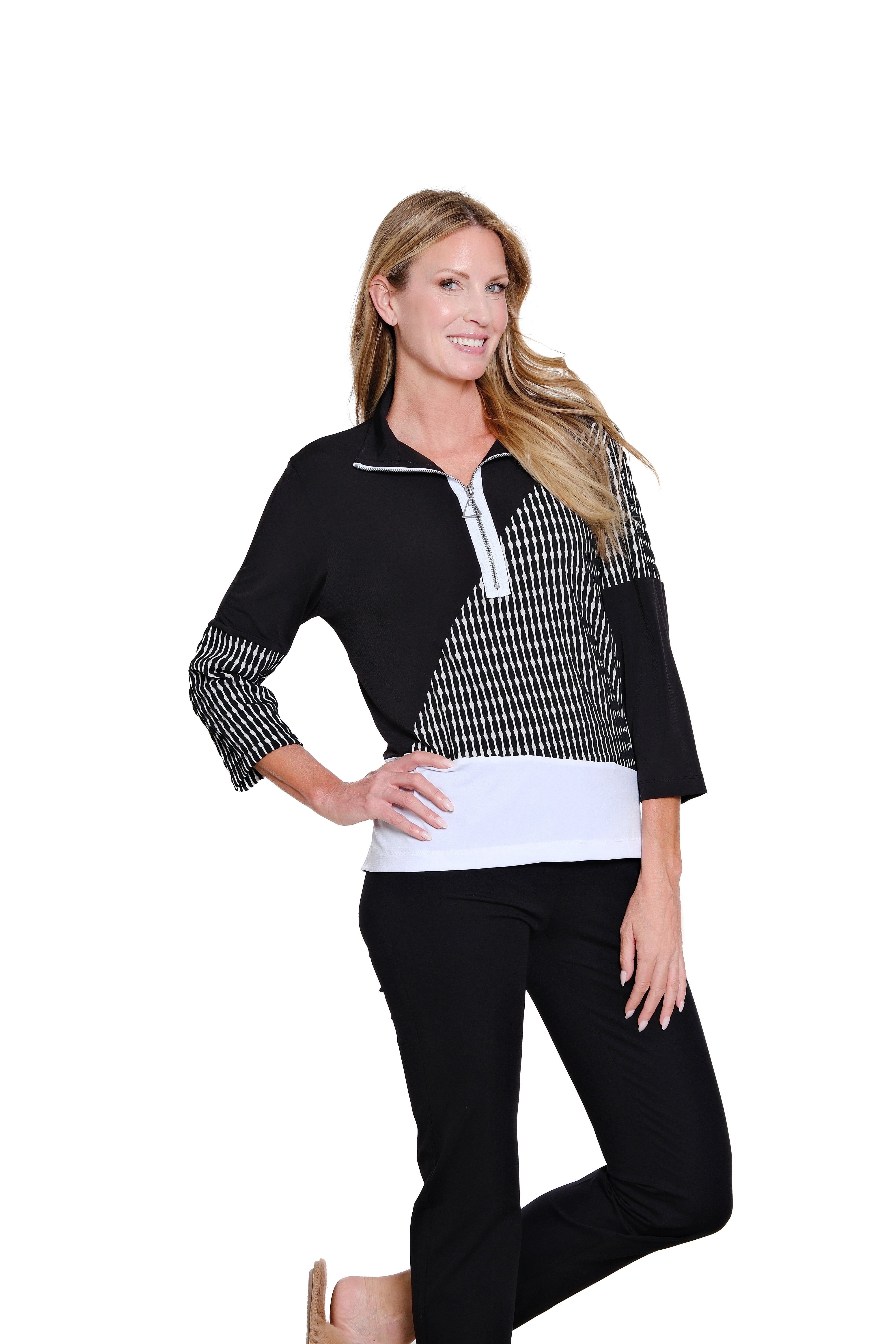 Zip-Up Multi-Panel Wave Knit Top - Multi