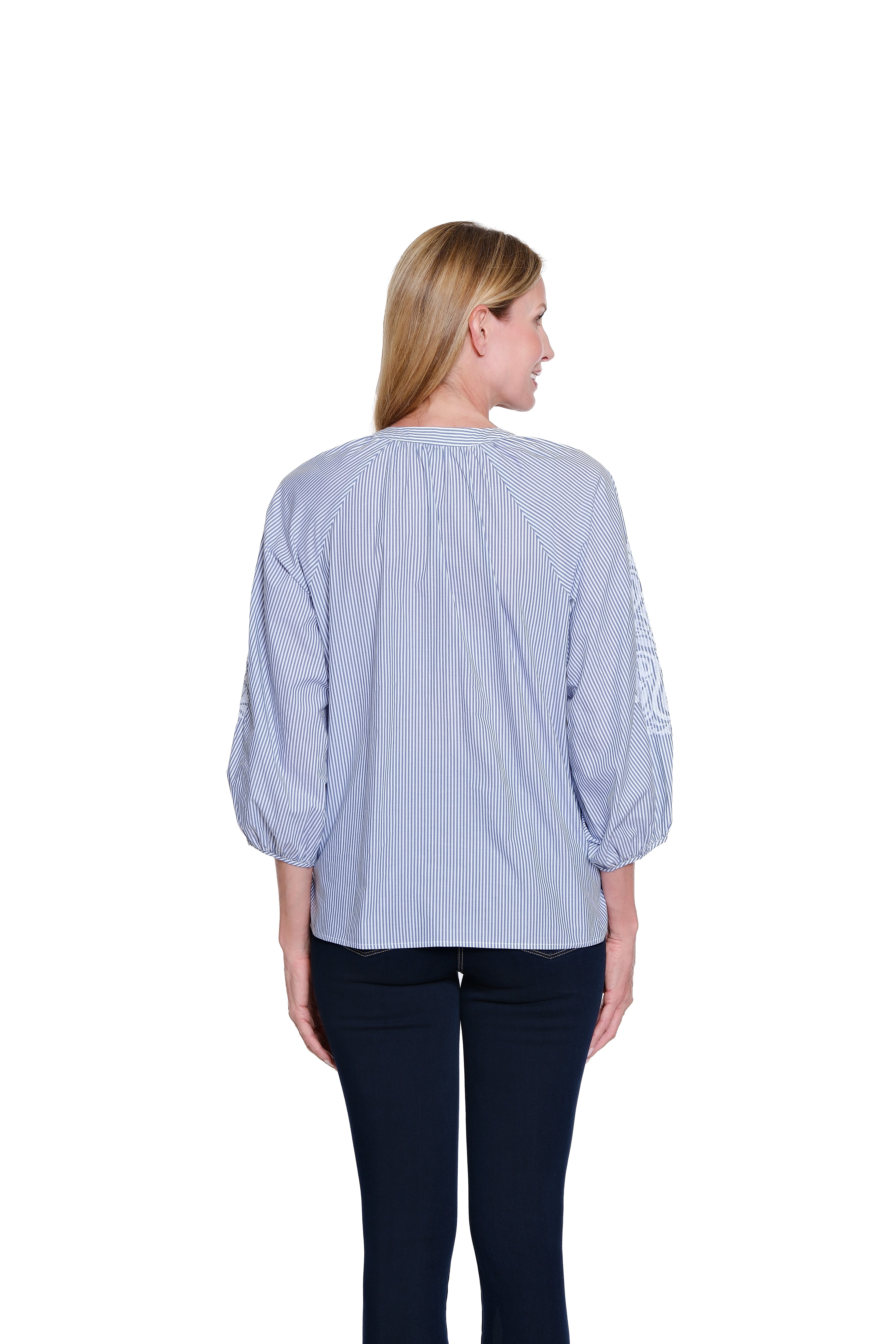 Embroidered Stripe Shirt with Tie Waist - Plus - Chambray Print