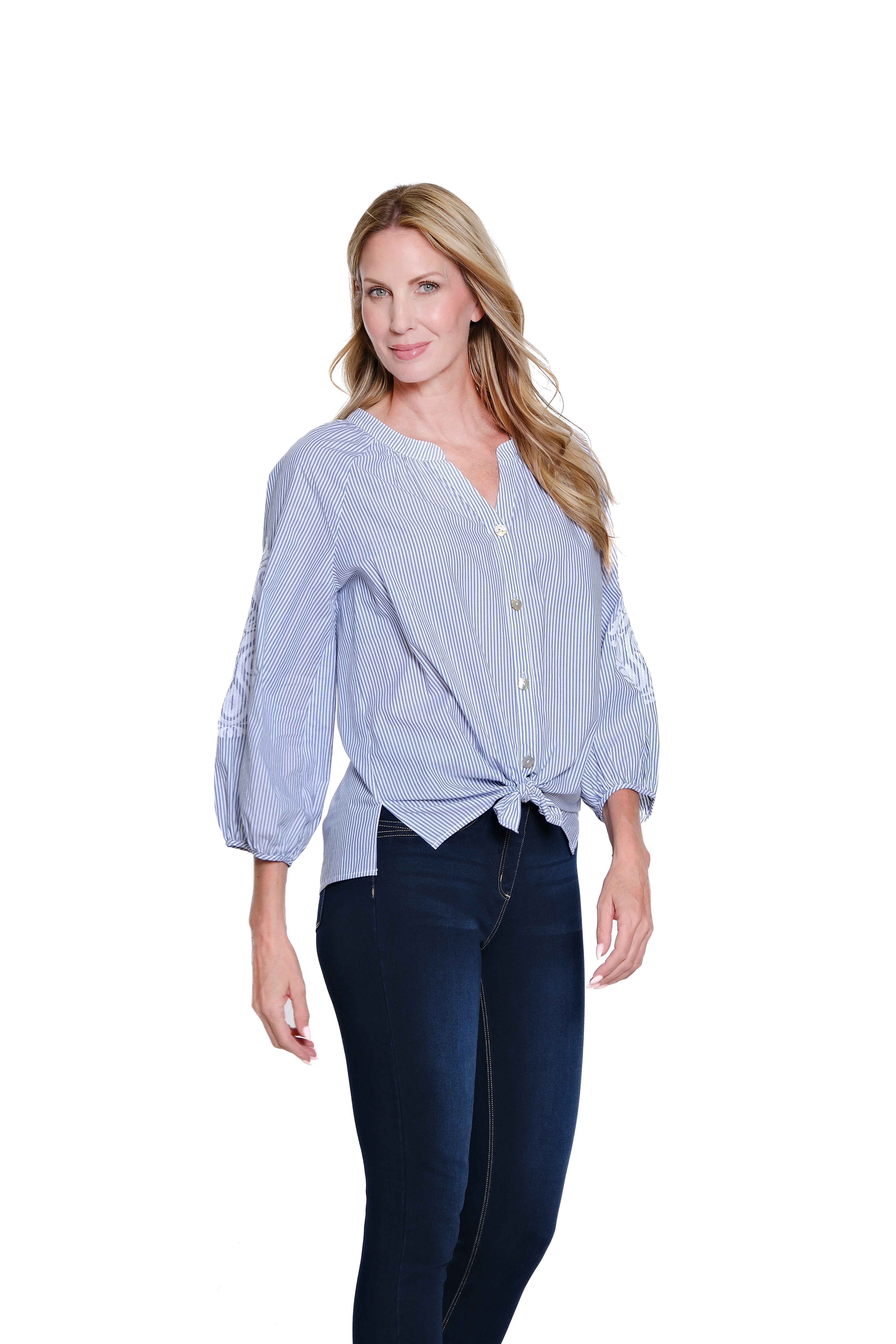 Embroidered Stripe Shirt with Tie Waist - Plus - Chambray Print