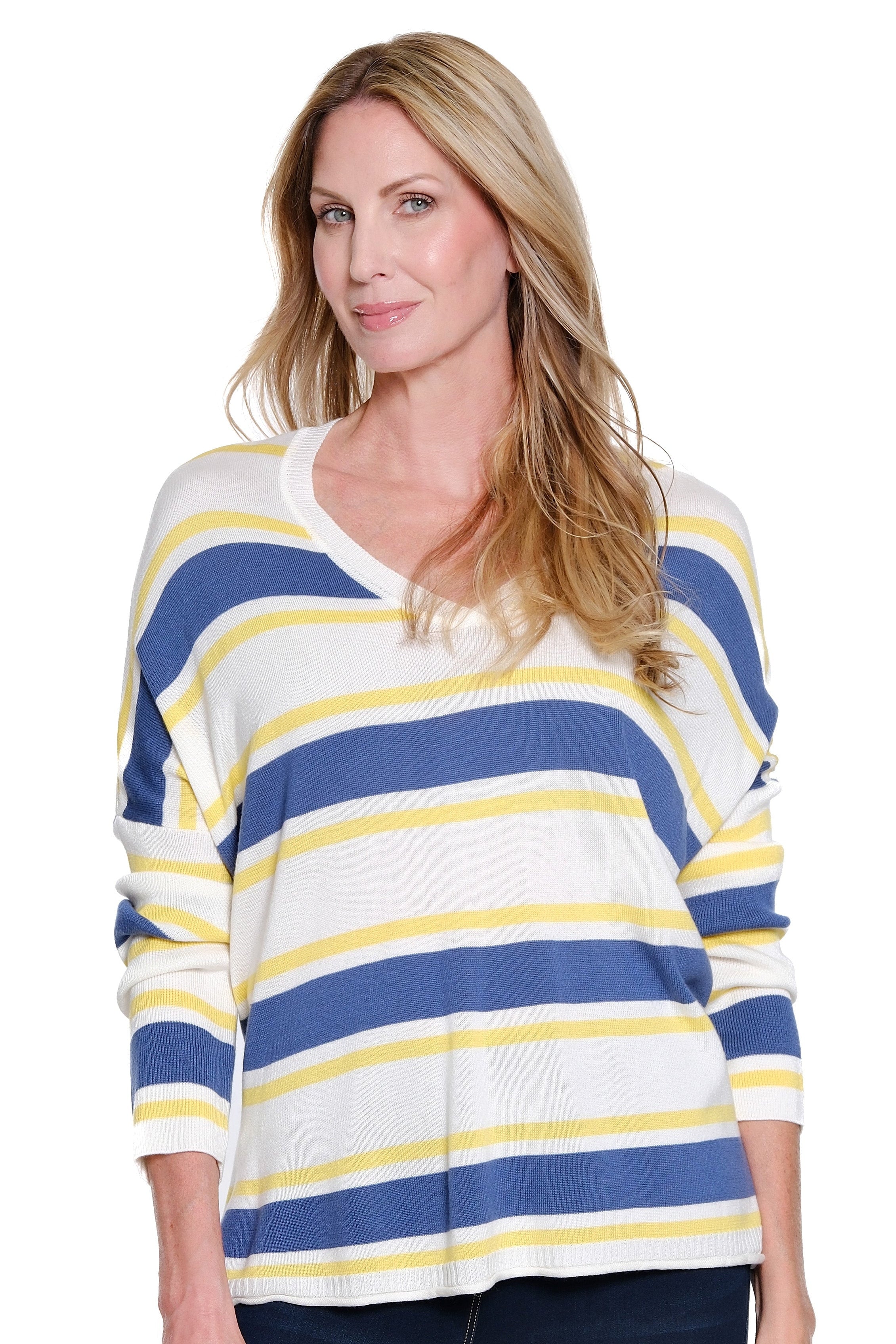 Stripe Sweater Knit Top with V-Neck - Multi