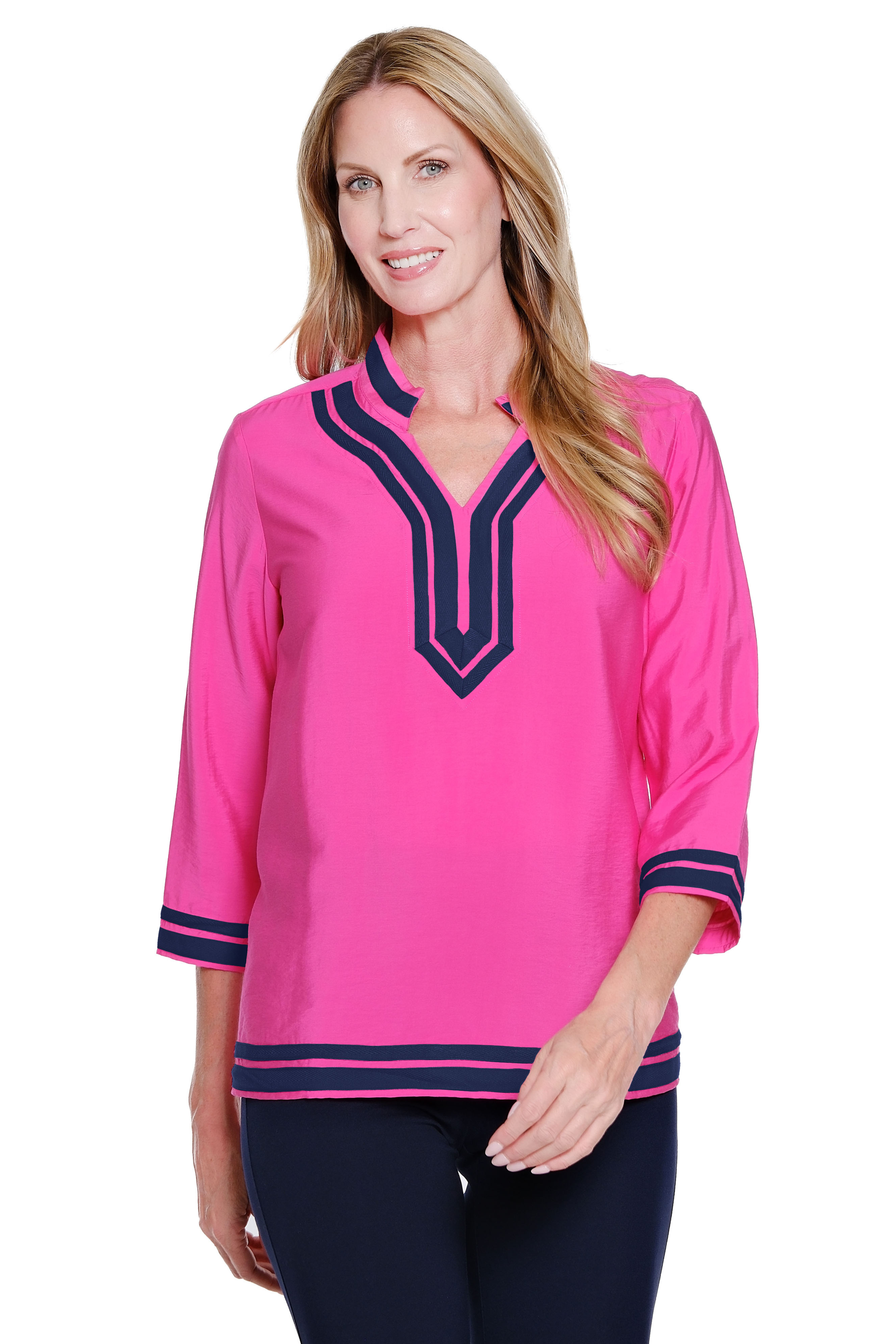 Woven Top with Contrast Trim - Candy Pink