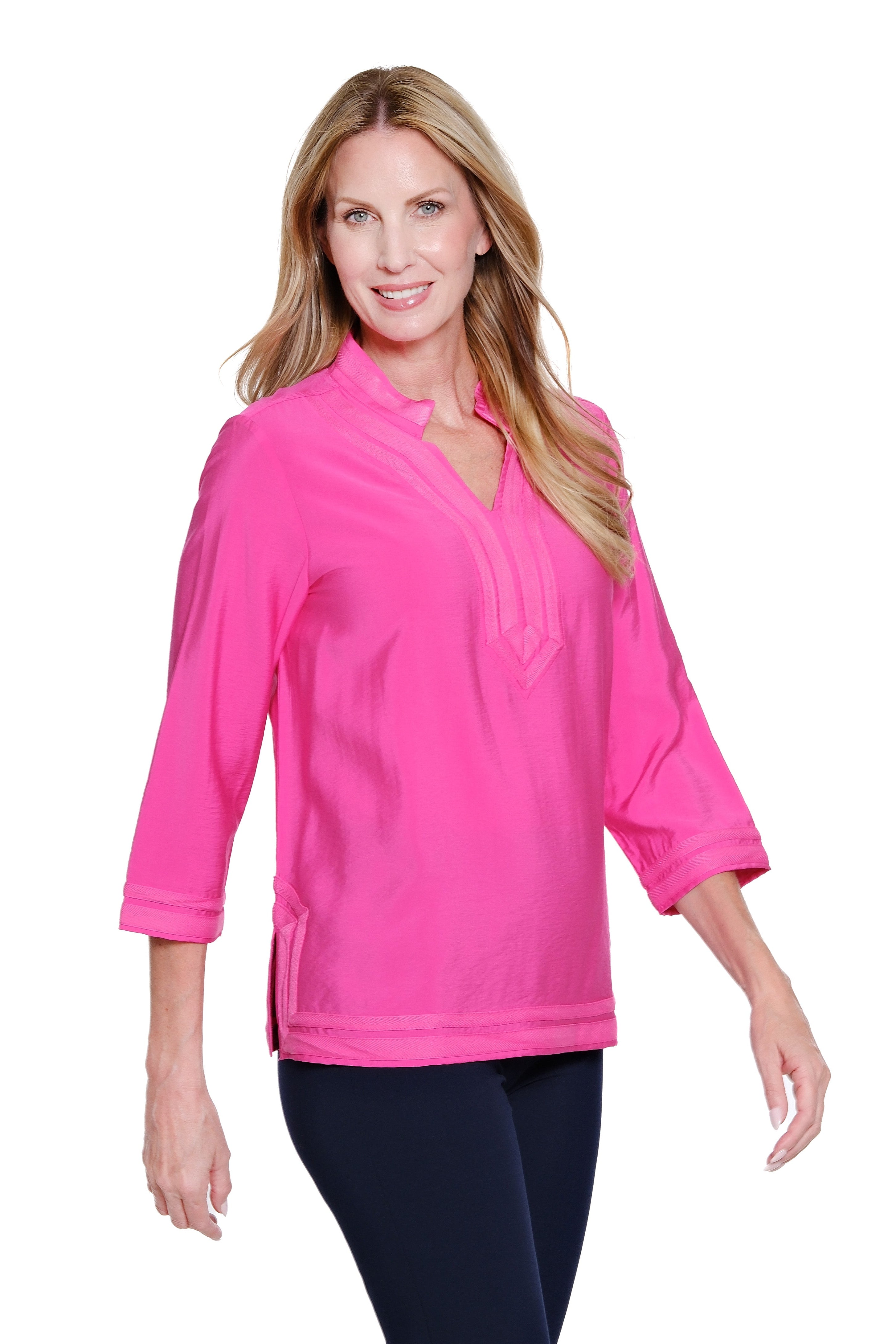Woven Top with Contrast Trim - Candy Pink