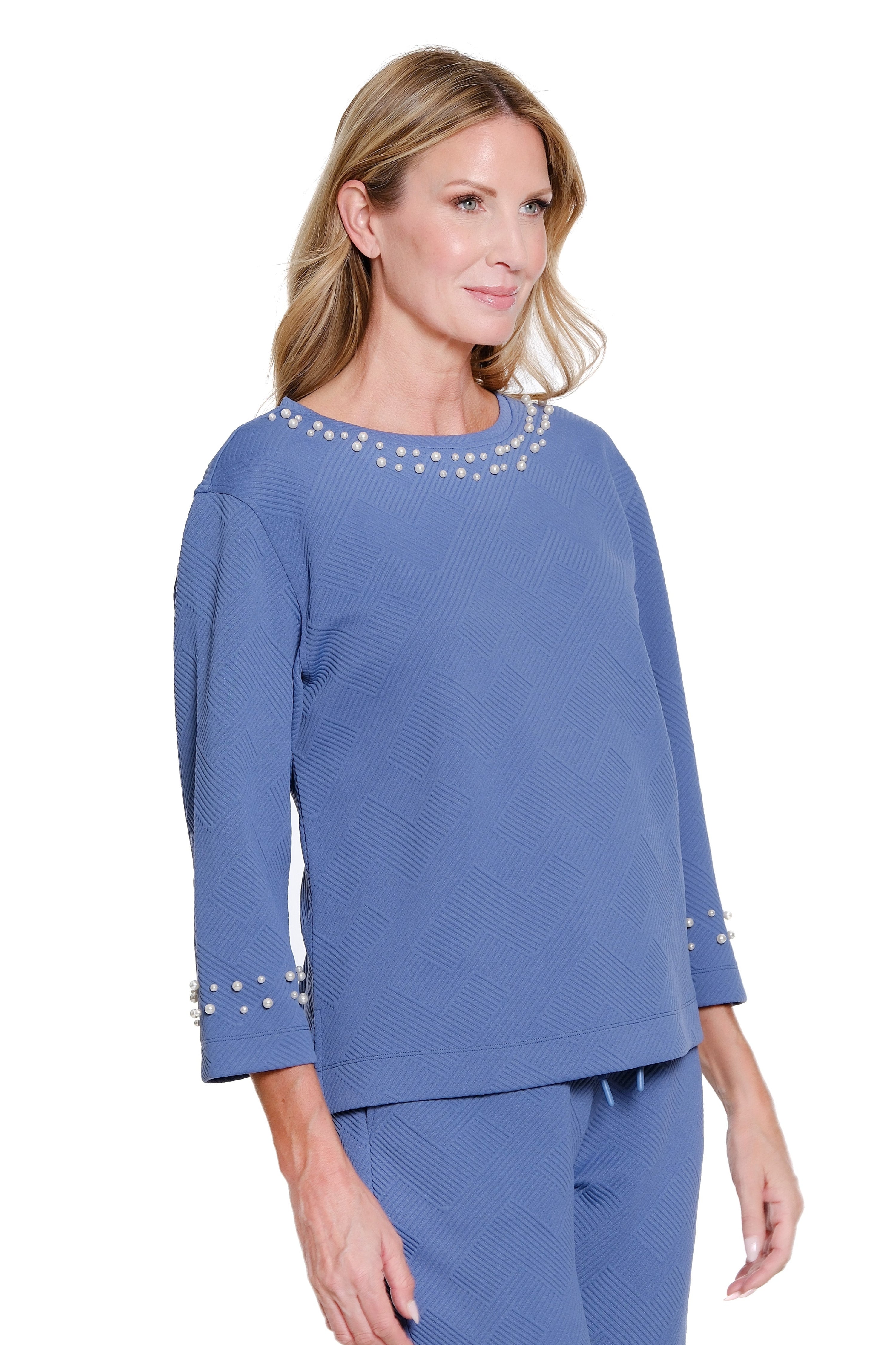 Pearl-Embellished Jacquard Knit Top - Plus - Chambray Blue