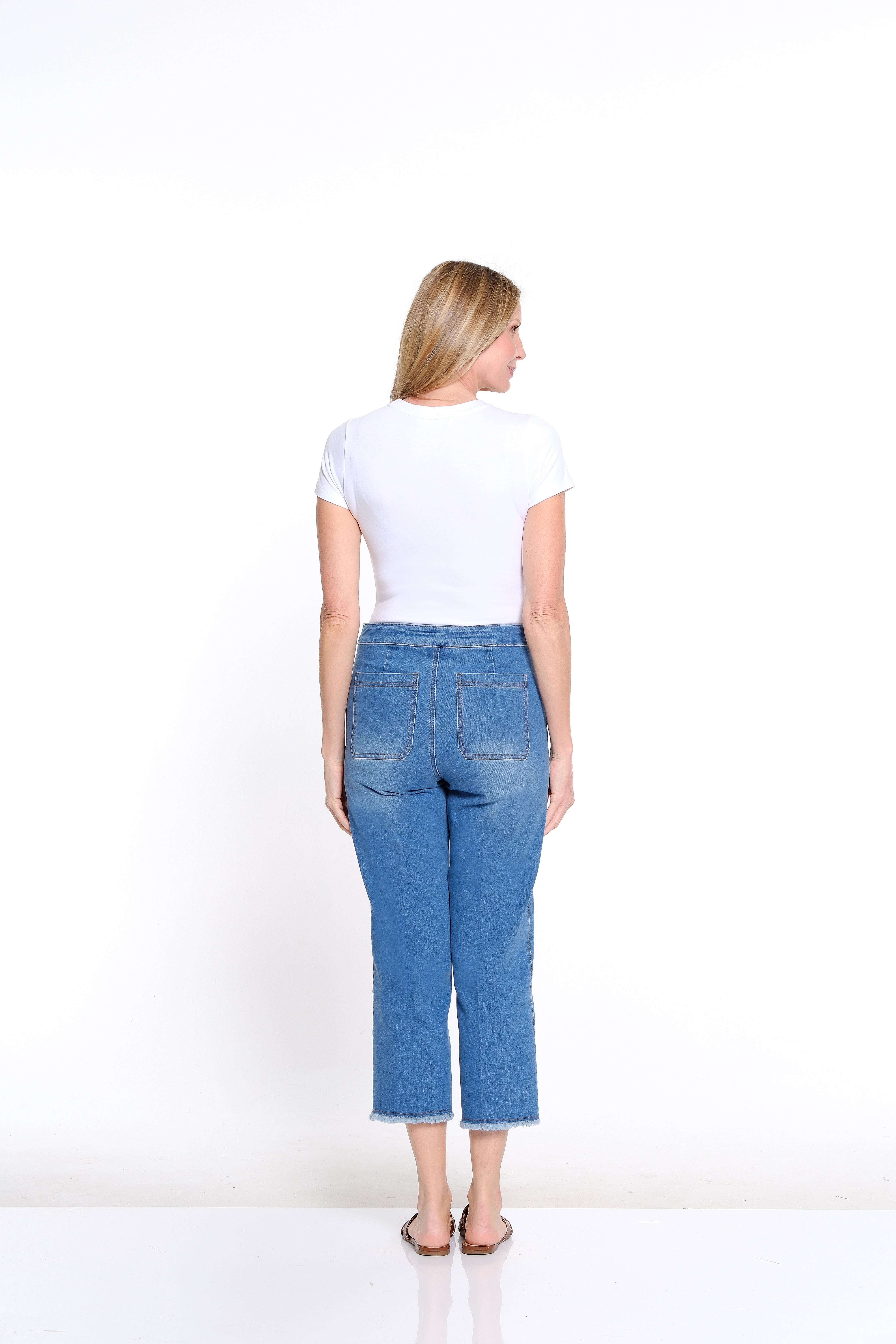 Wide Leg Denim Crop Jean with Fringe Hem - Petite - Medium Indigo