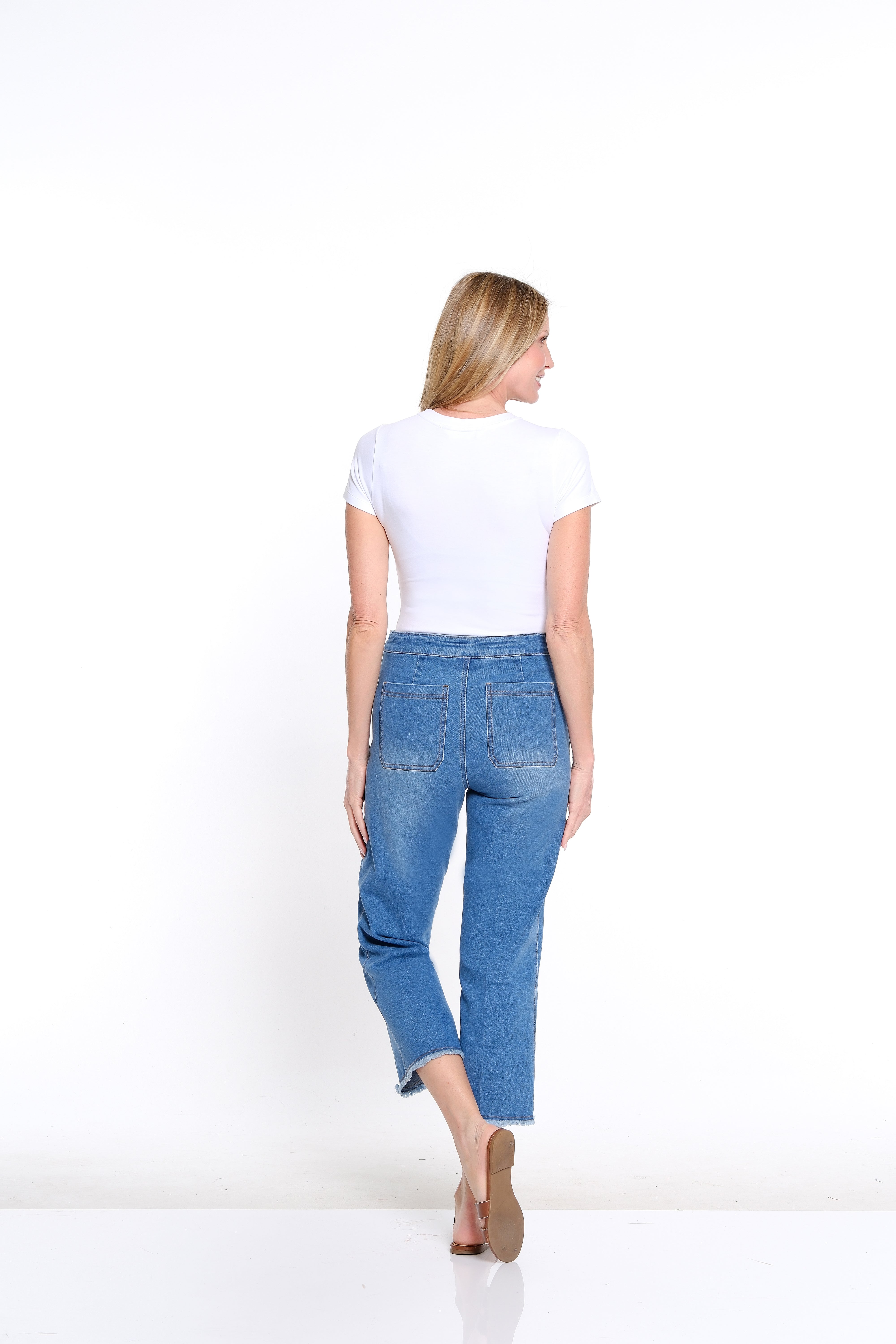 Wide Leg Denim Crop Jean with Fringe Hem - Petite - Medium Indigo